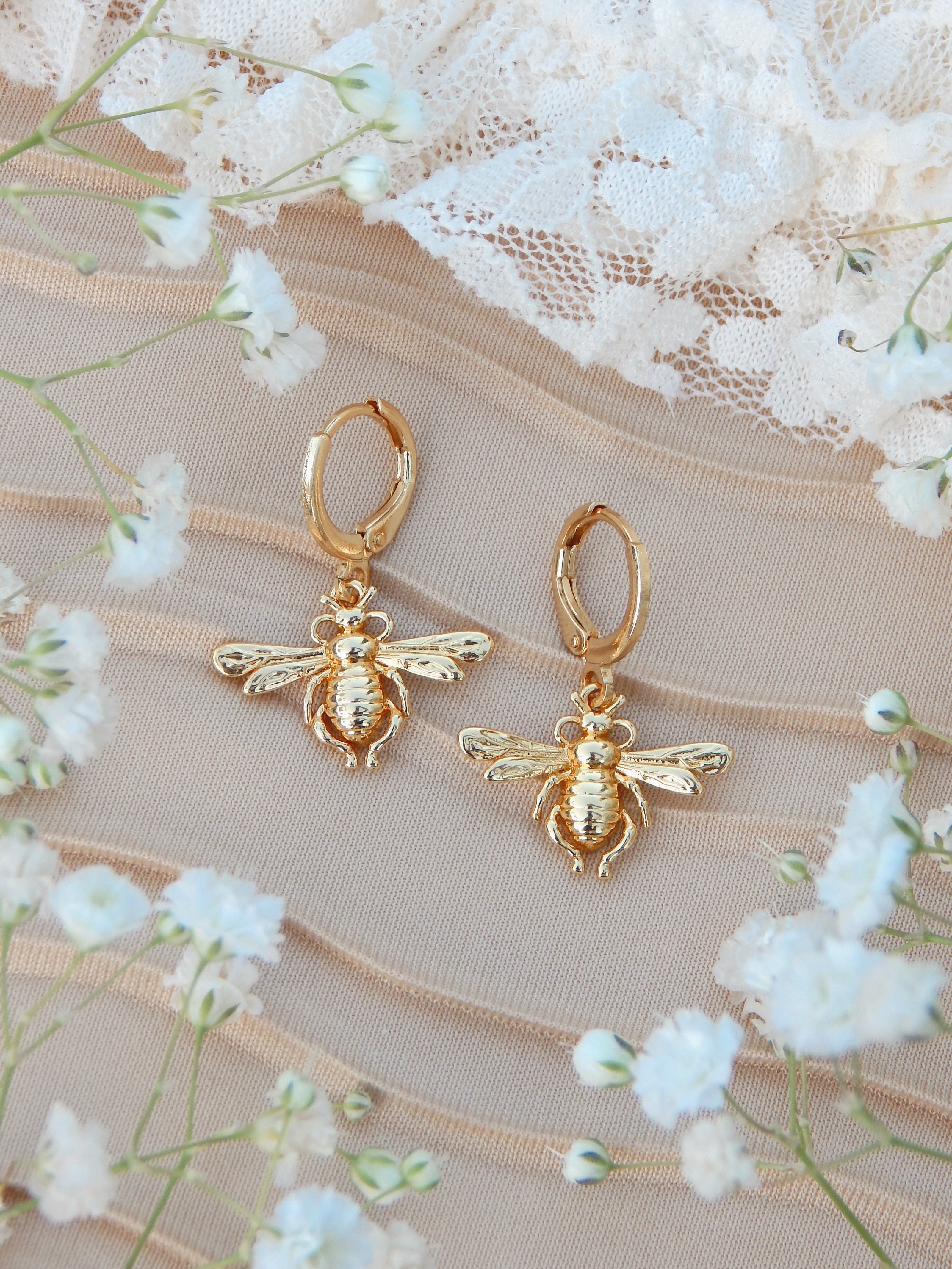 Gold Bee Huggie Earrings – Boho Nature-Inspired Hoop Jewelry