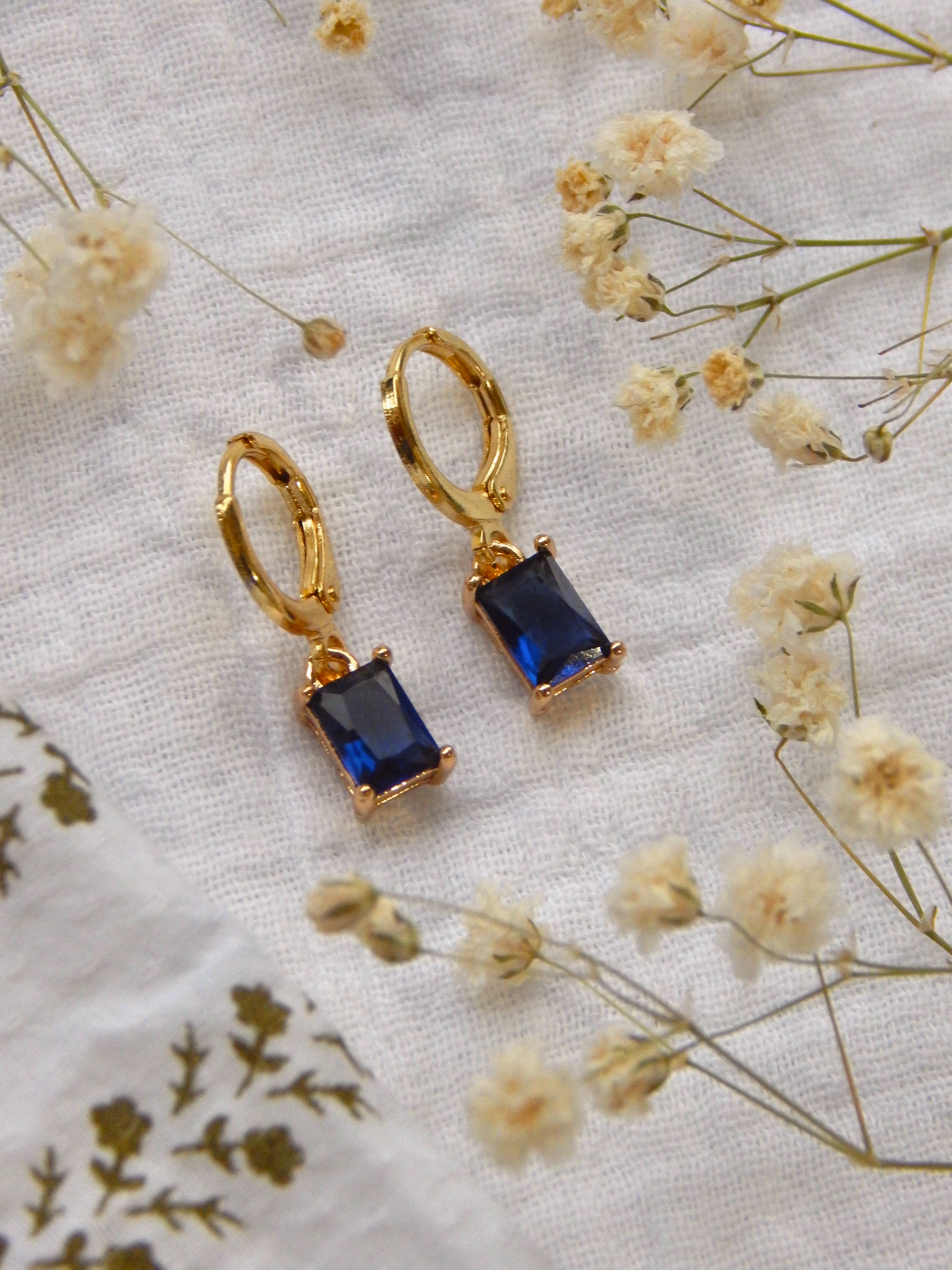 Deep Blue CZ Rectangle Huggie Earrings – Gold Cubic Zirconia Drop Hoops | Lightweight Hypoallergenic Jewelry