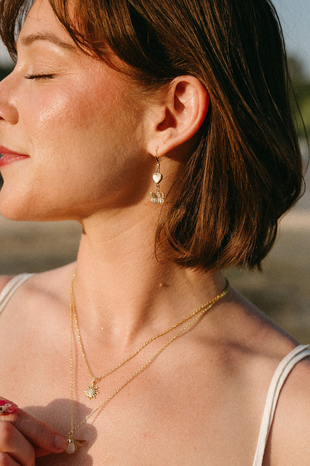 Butterfly Heart Earrings – 18k Gold Plated Dangles with Mother of Pearl