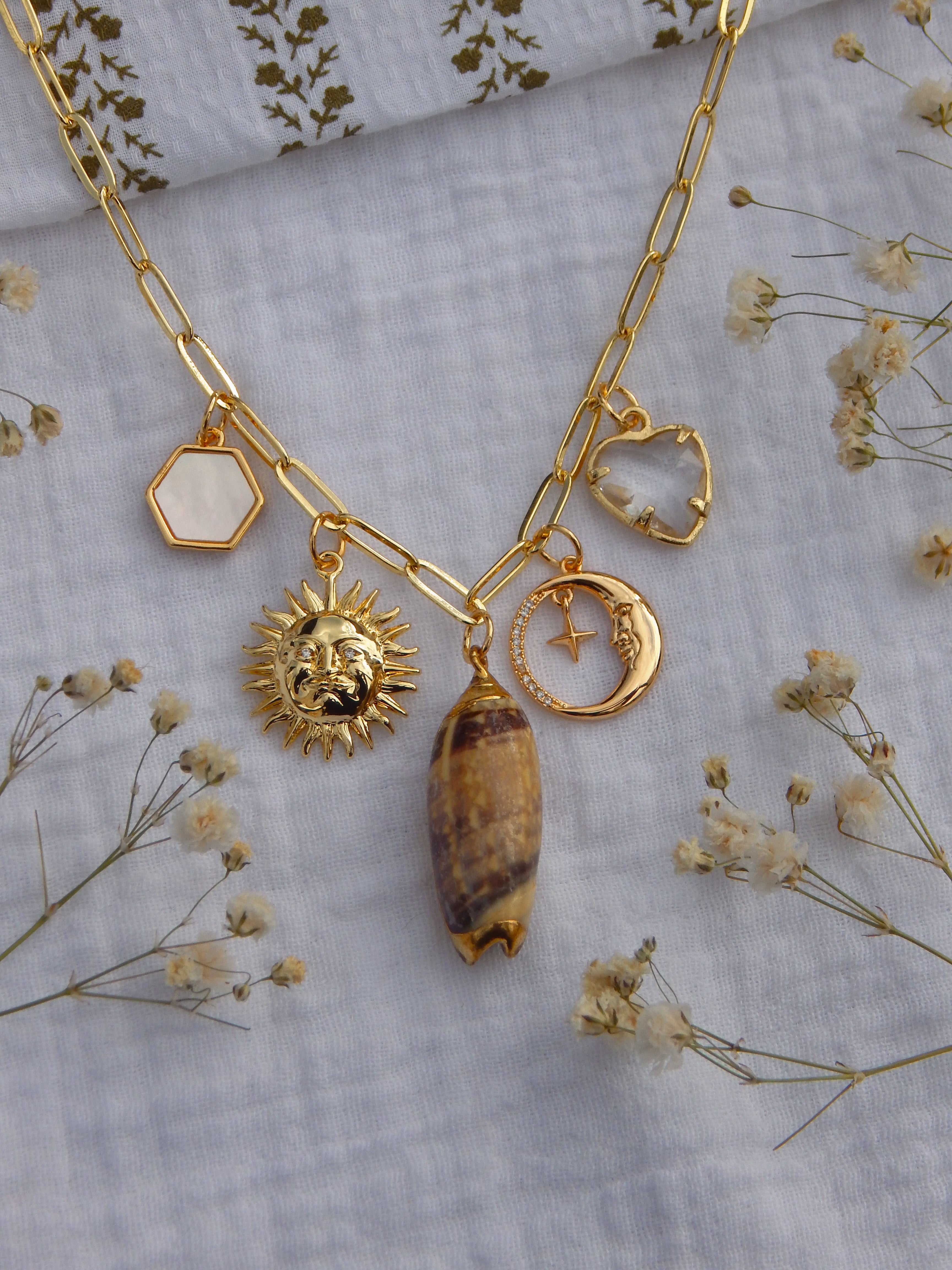 One-of-a-Kind Coastal Sun & Moon Charm Necklace | Natural Seashell Pendant | Mother of Pearl Hexagon | Celestial CZ Charms | 18” Gold Paperclip Chain