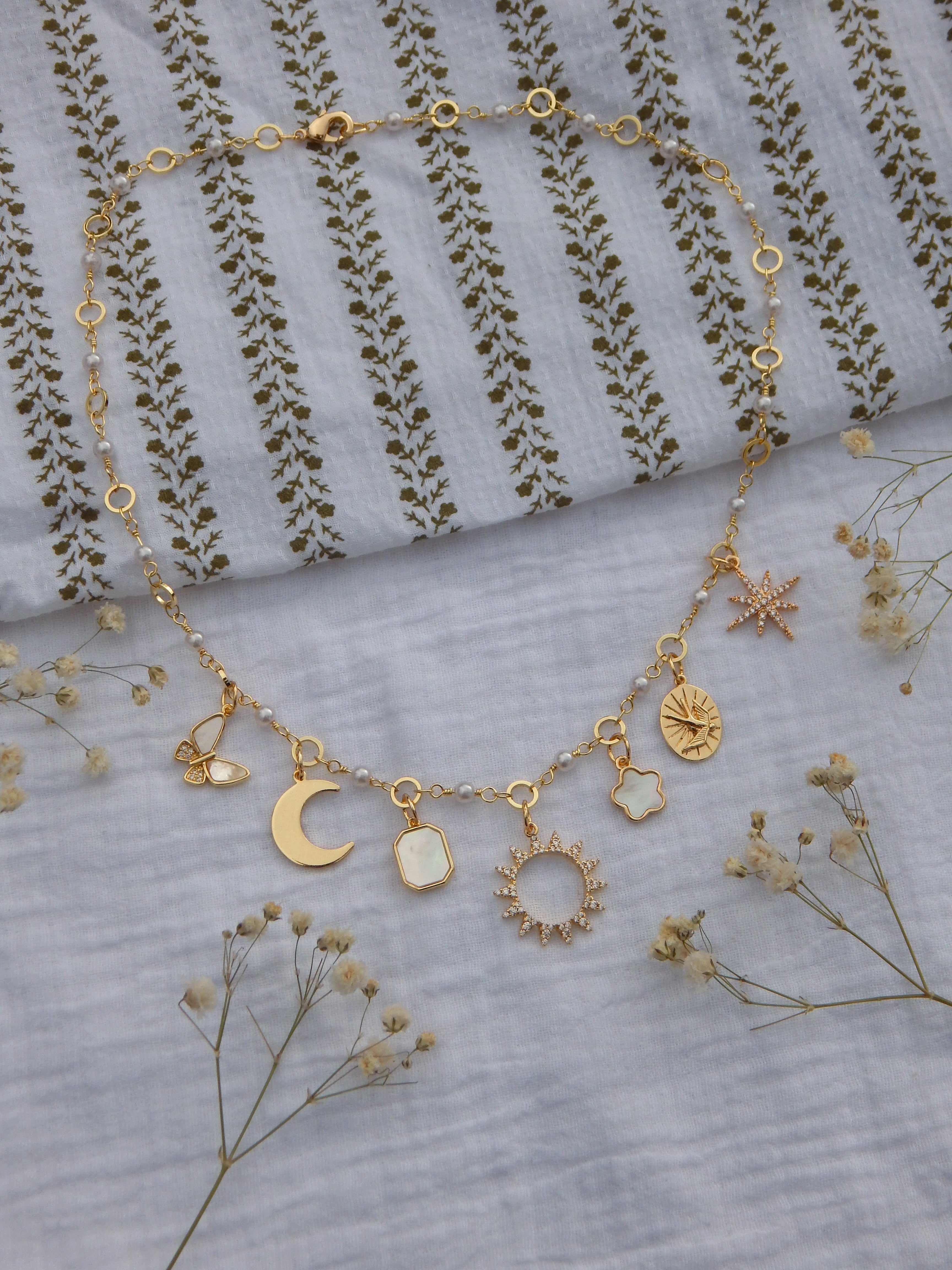 One-of-a-Kind Pearl Charm Necklace | Celestial & Mother of Pearl Charms | Sun, Moon, Star & Butterfly | Dainty Gold Hypoallergenic Jewelry
