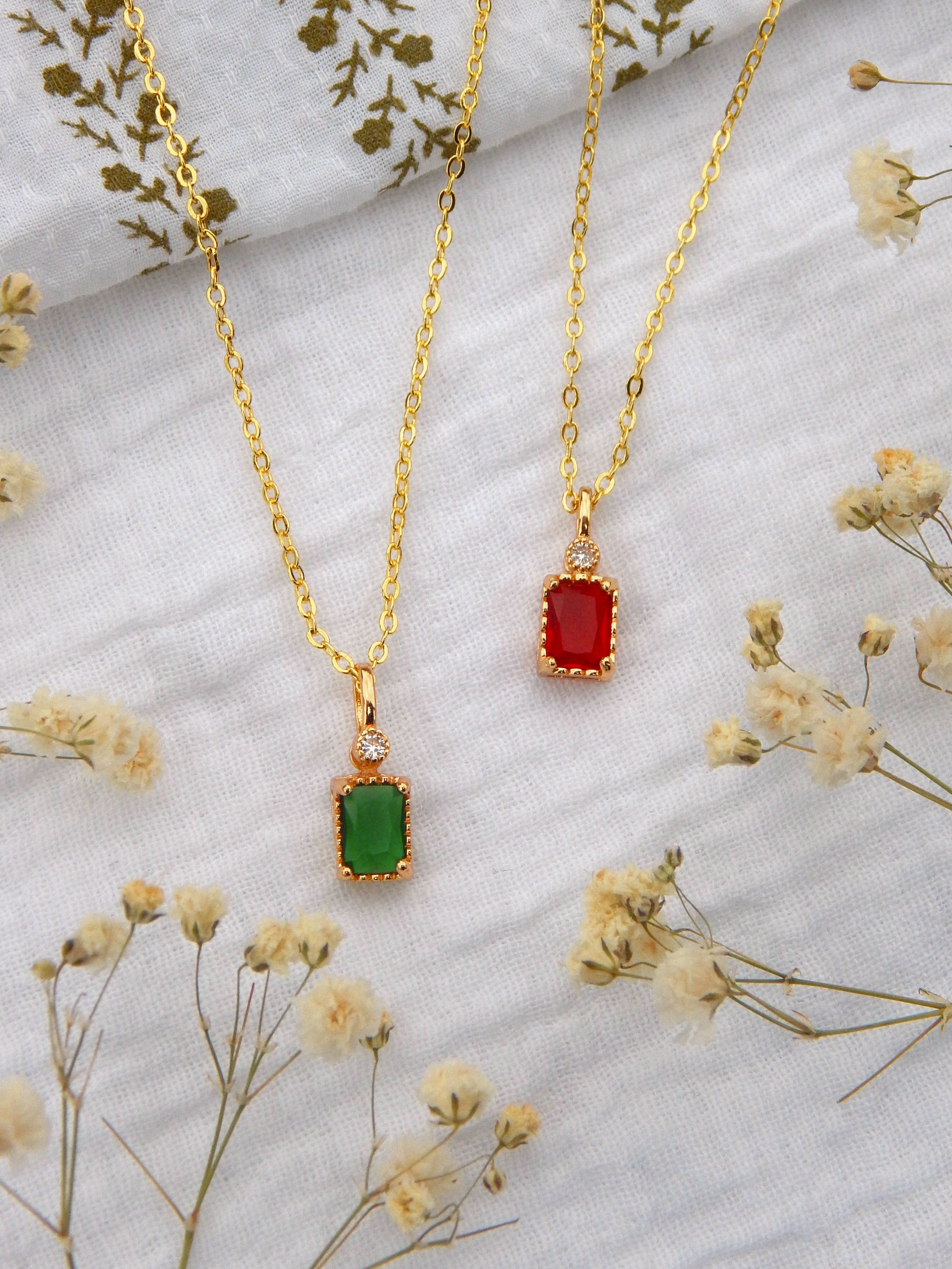 CZ Rectangle Christmas Necklace | Red or Green Holiday Pendant | Dainty Gold Hypoallergenic Jewelry