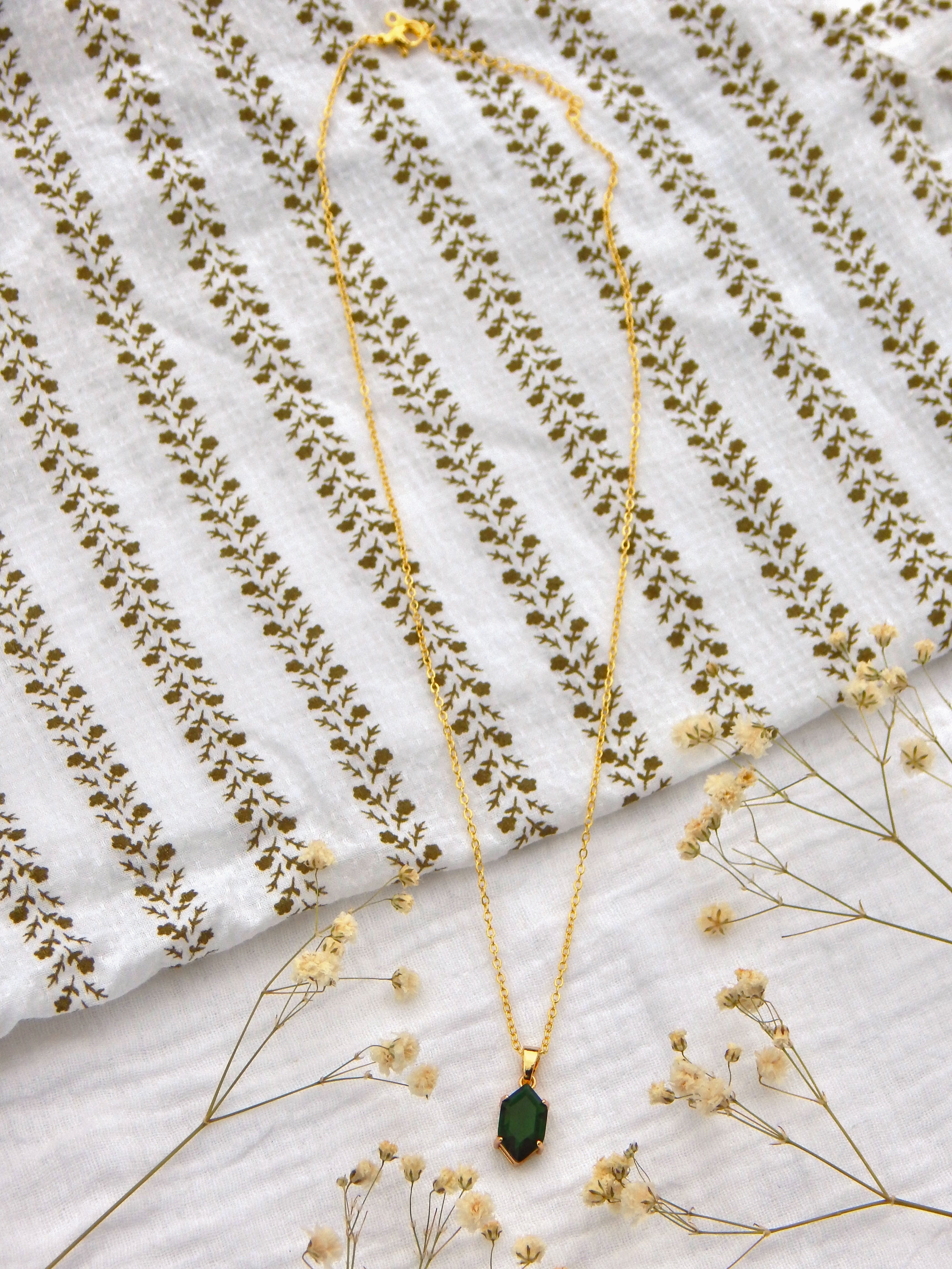 Emerald Green Hardened Glass Pendant Necklace – Gold Dainty 18k Plated, Hypoallergenic, Adjustable 18–20”