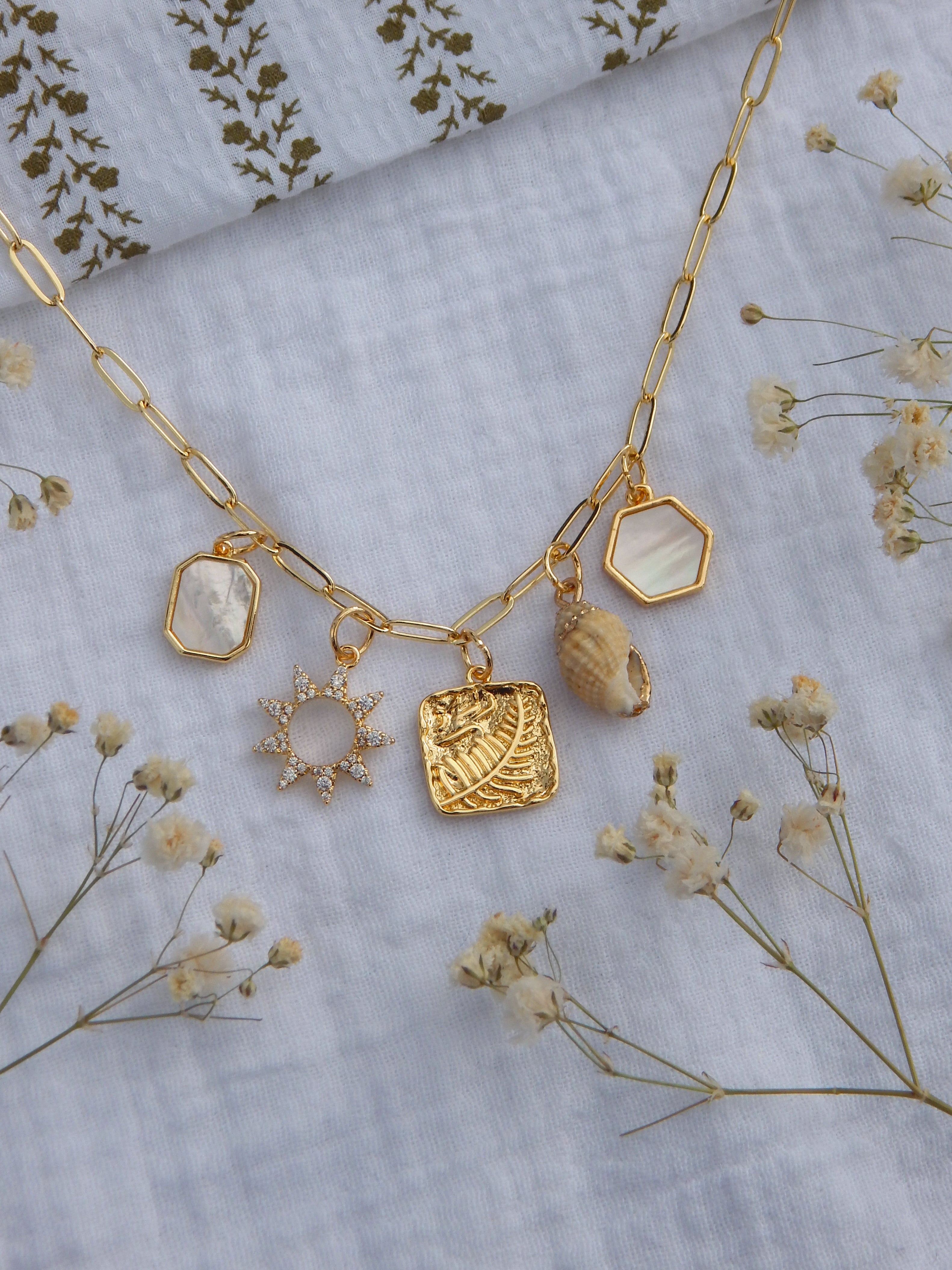 One-of-a-Kind Coastal Sun Charm Necklace | Mother of Pearl & Seashell Pendant | CZ Sunburst | Gold Fern Charm | 18” Paperclip Chain