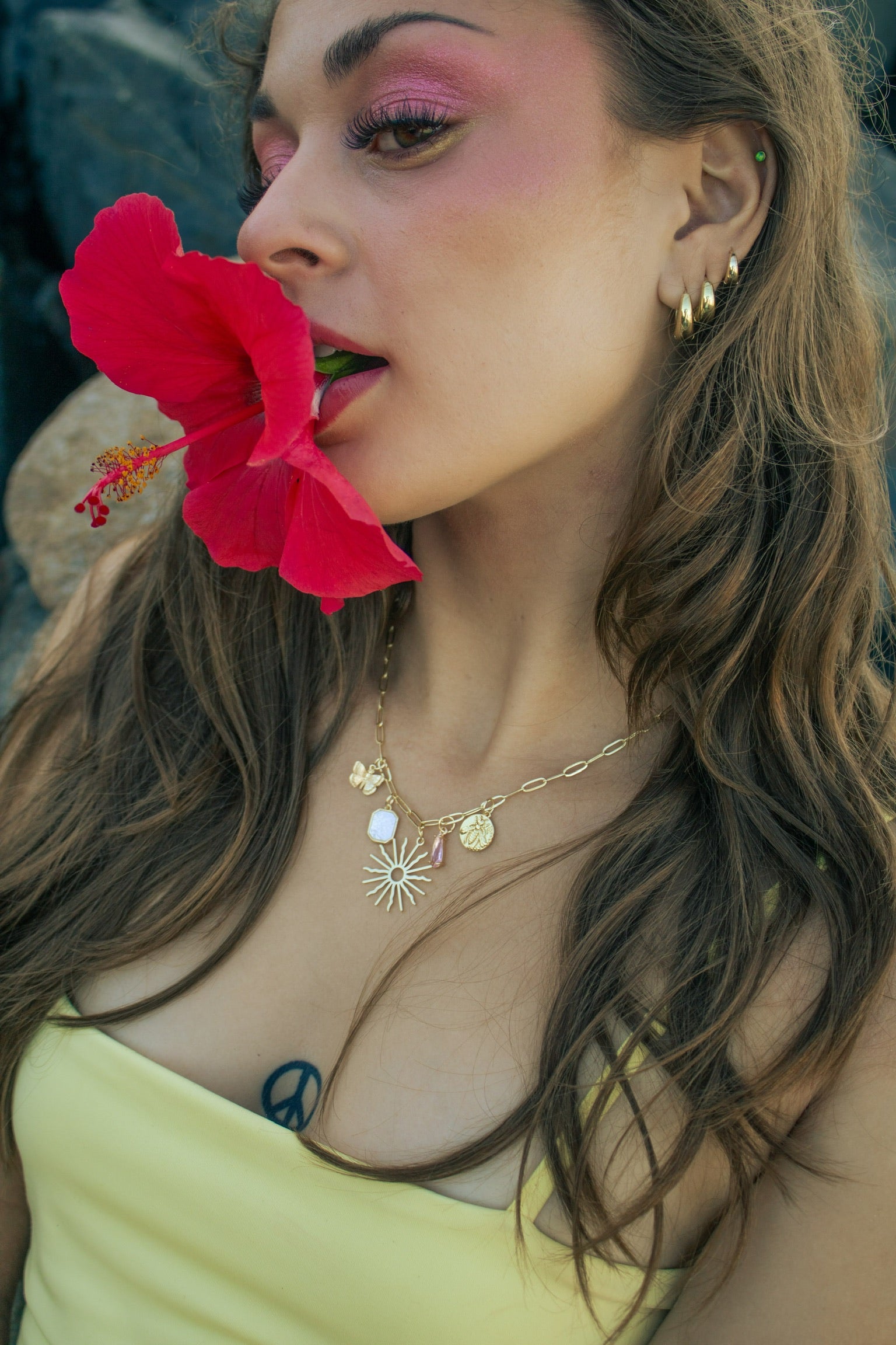 Sunshine Charm Paperclip Necklace – 18k Gold Chain with Butterfly, Mother of Pearl, Sun & Bee