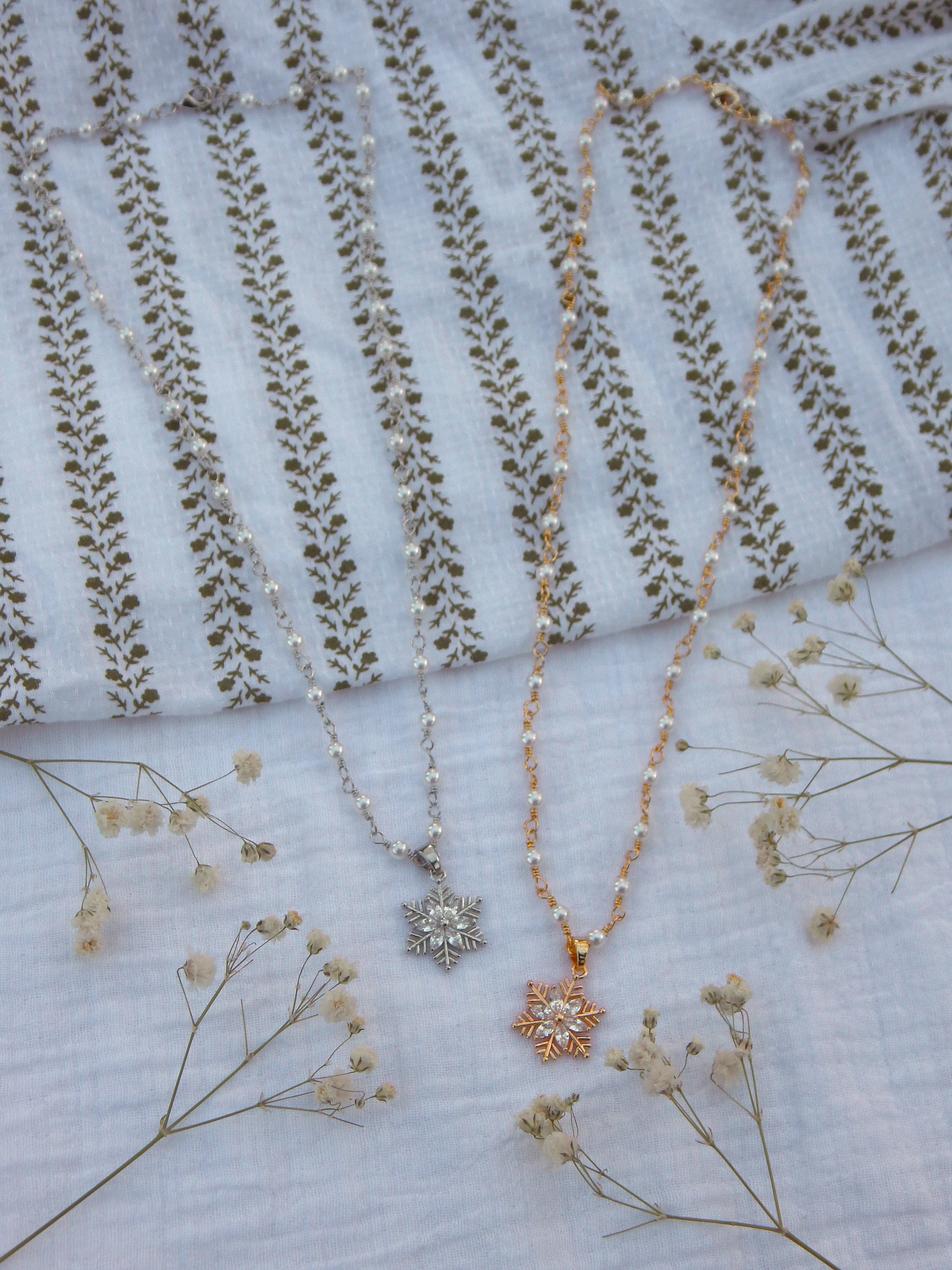 CZ Snowflake Pendant Necklace | Pearl Chain Winter Necklace | Dainty Hypoallergenic Christmas Jewelry