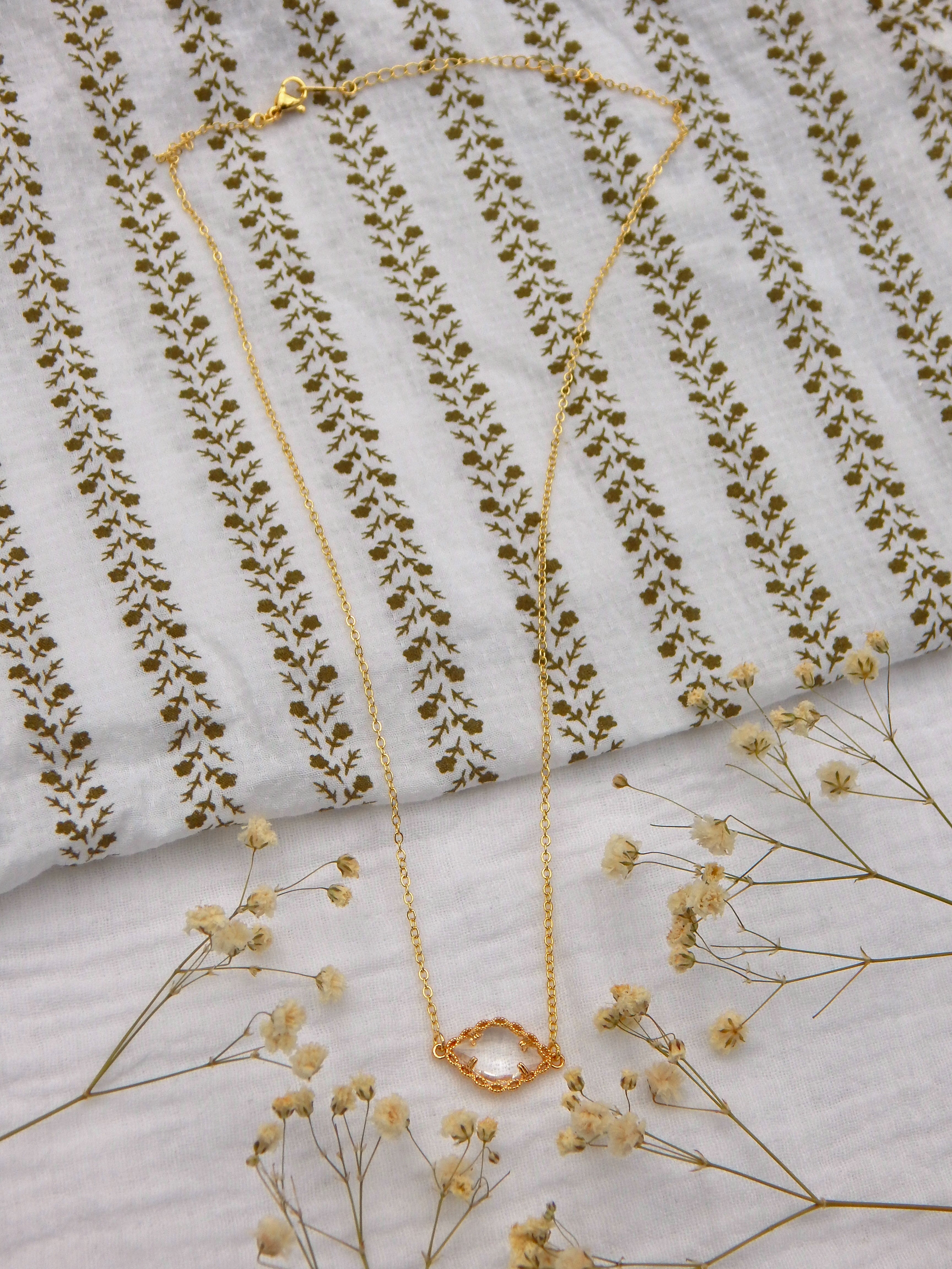 Golden Crystal Vine Necklace | Dainty Clear Pendant | Hypoallergenic Tarnish Resistant Jewelry