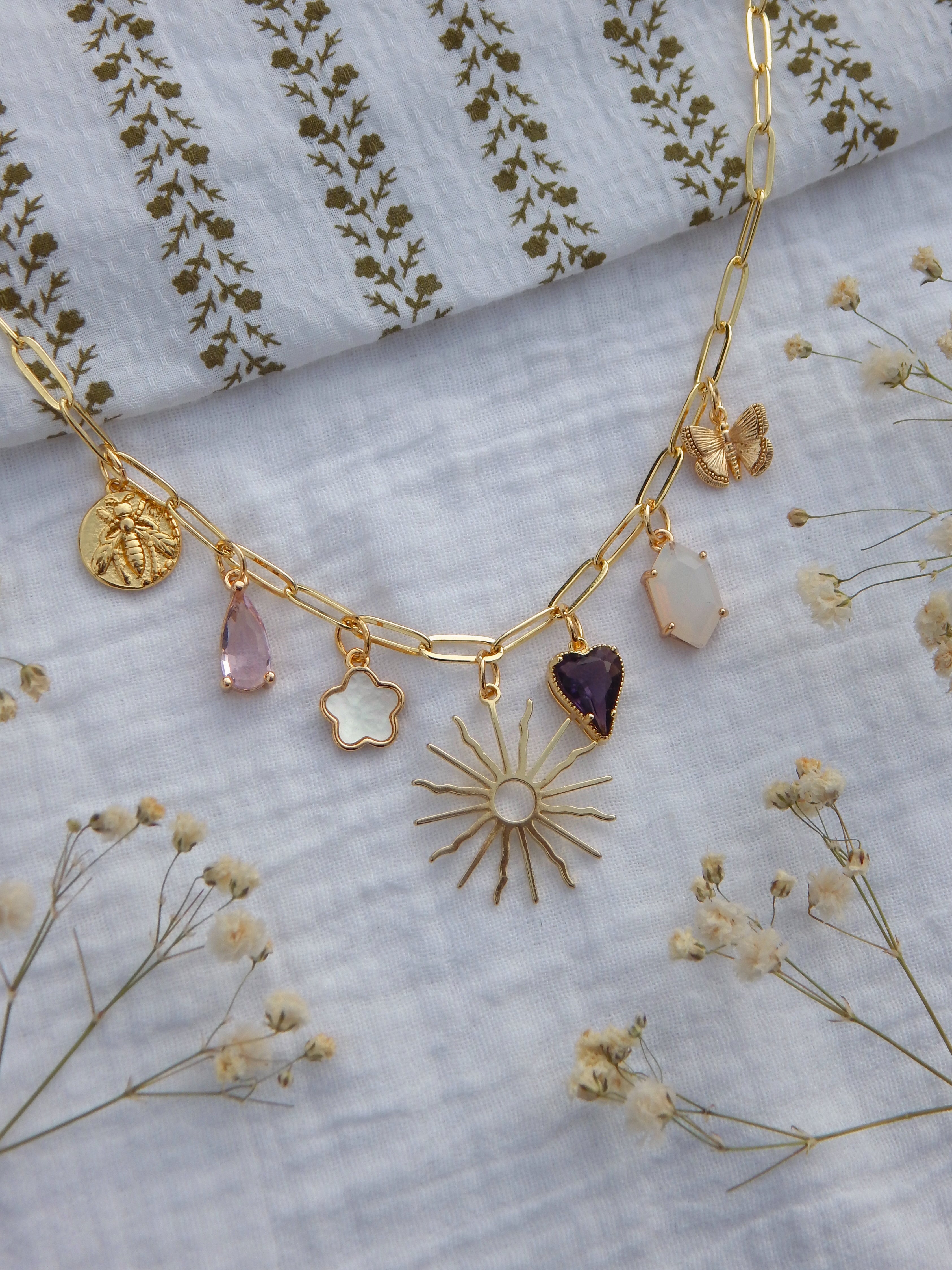 One-of-a-Kind Pink & Gold Charm Necklace | Sunburst Pendant | CZ Purple Heart | Mother of Pearl Flower | Butterfly & Bee Charms | 18” Paperclip Chain
