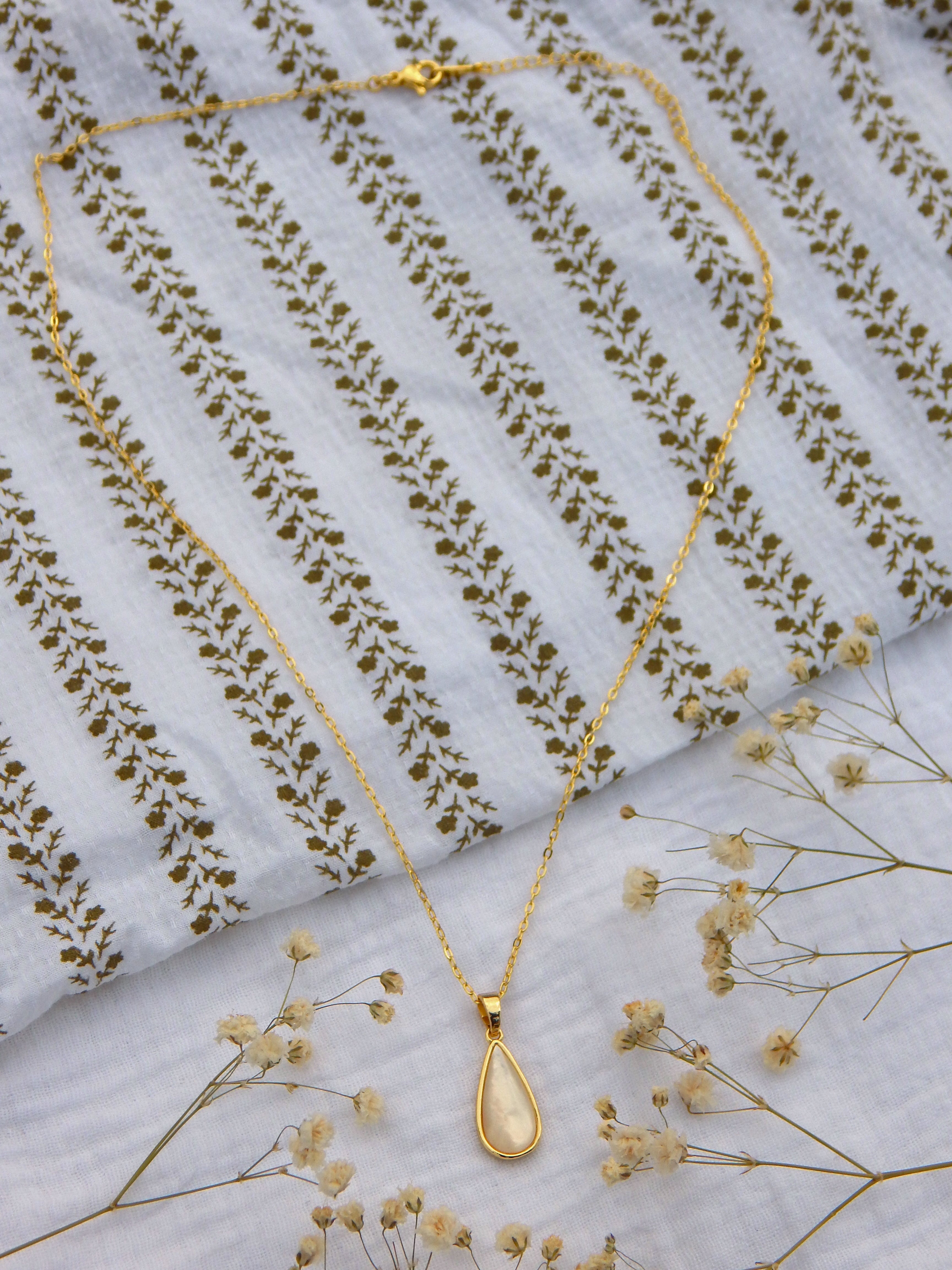 Mother of Pearl Teardrop Necklace | Gold Dainty Pendant | Hypoallergenic Tarnish Resistant Jewelry