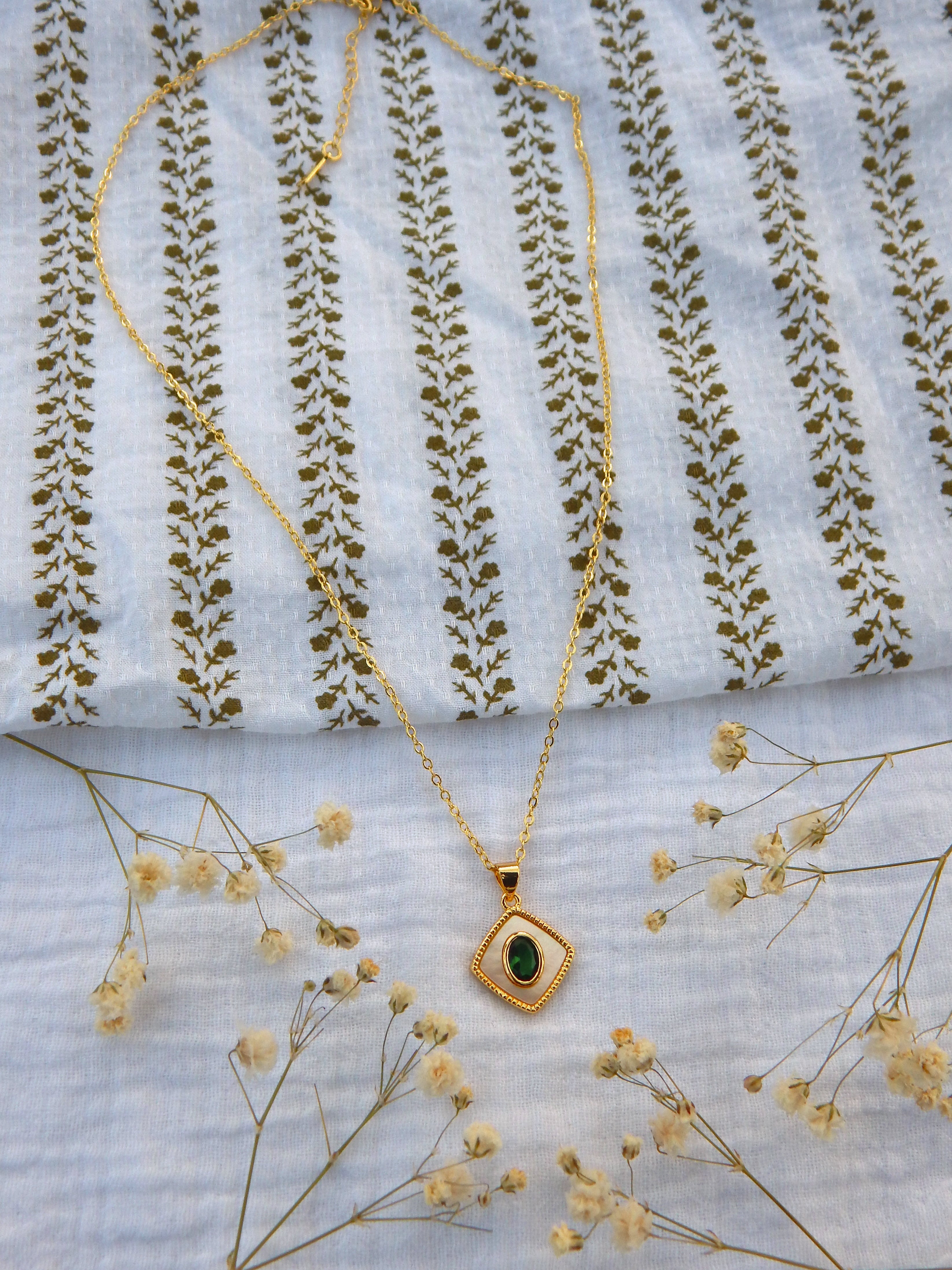 Emerald CZ Mother of Pearl Necklace | Dainty Gold Pendant | Elegant Green Gem Jewelry