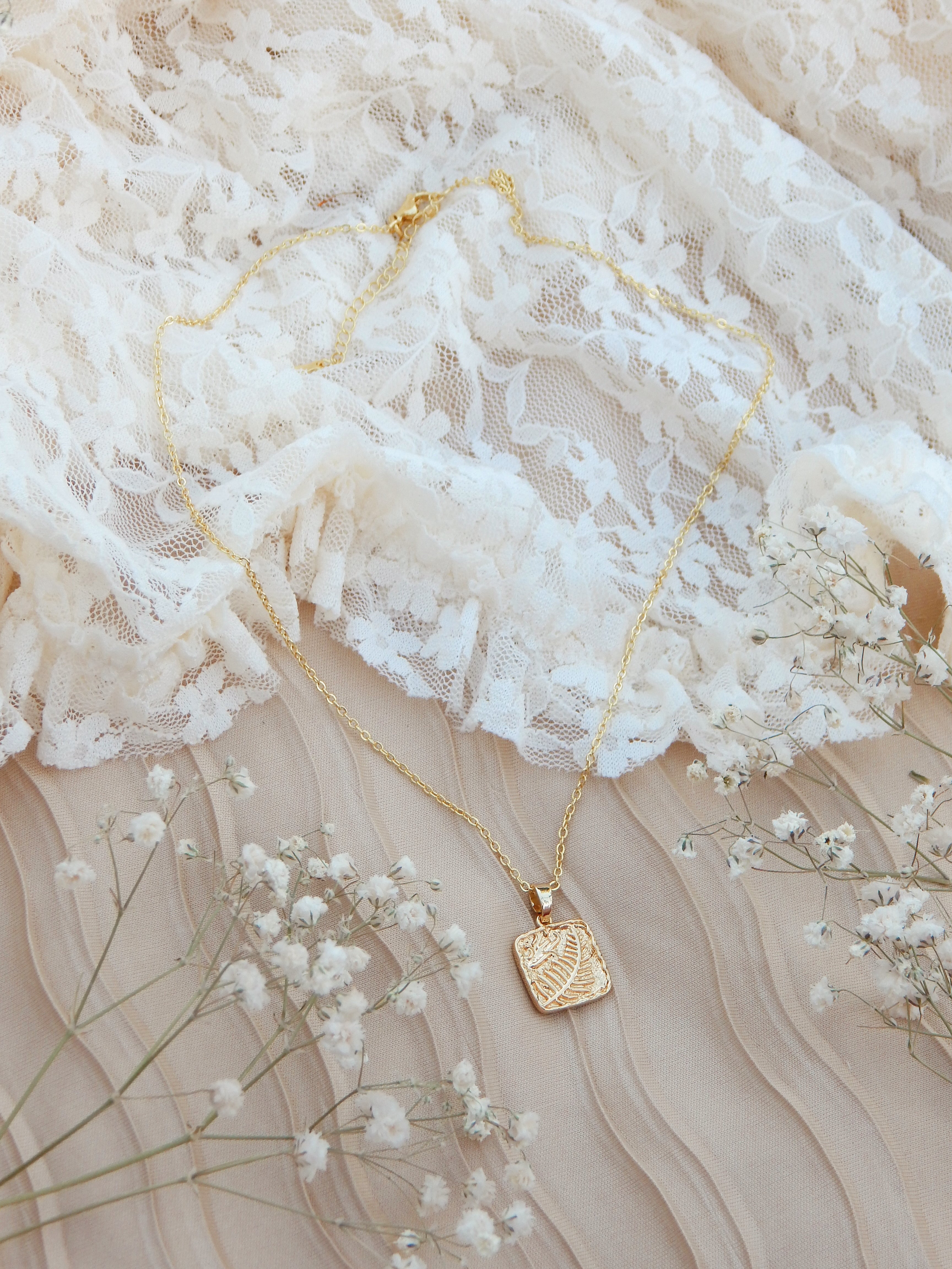 Fern Necklace – 18k Gold Plated Textured Square Nature-Inspired Pendant Necklace