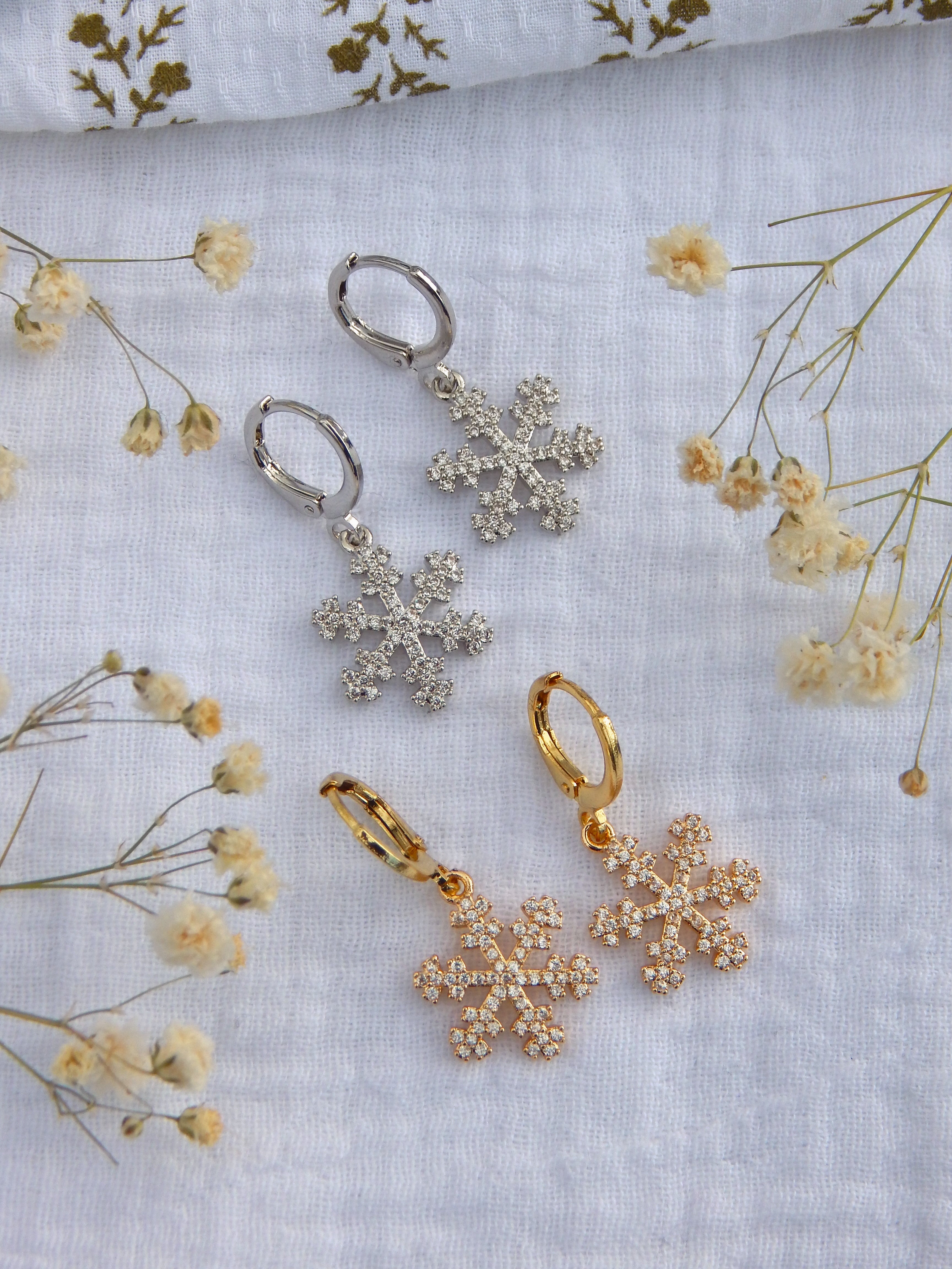 CZ Snowflake Huggie Earrings | Gold or Silver Winter Huggies | Dainty Hypoallergenic Holiday Jewelry
