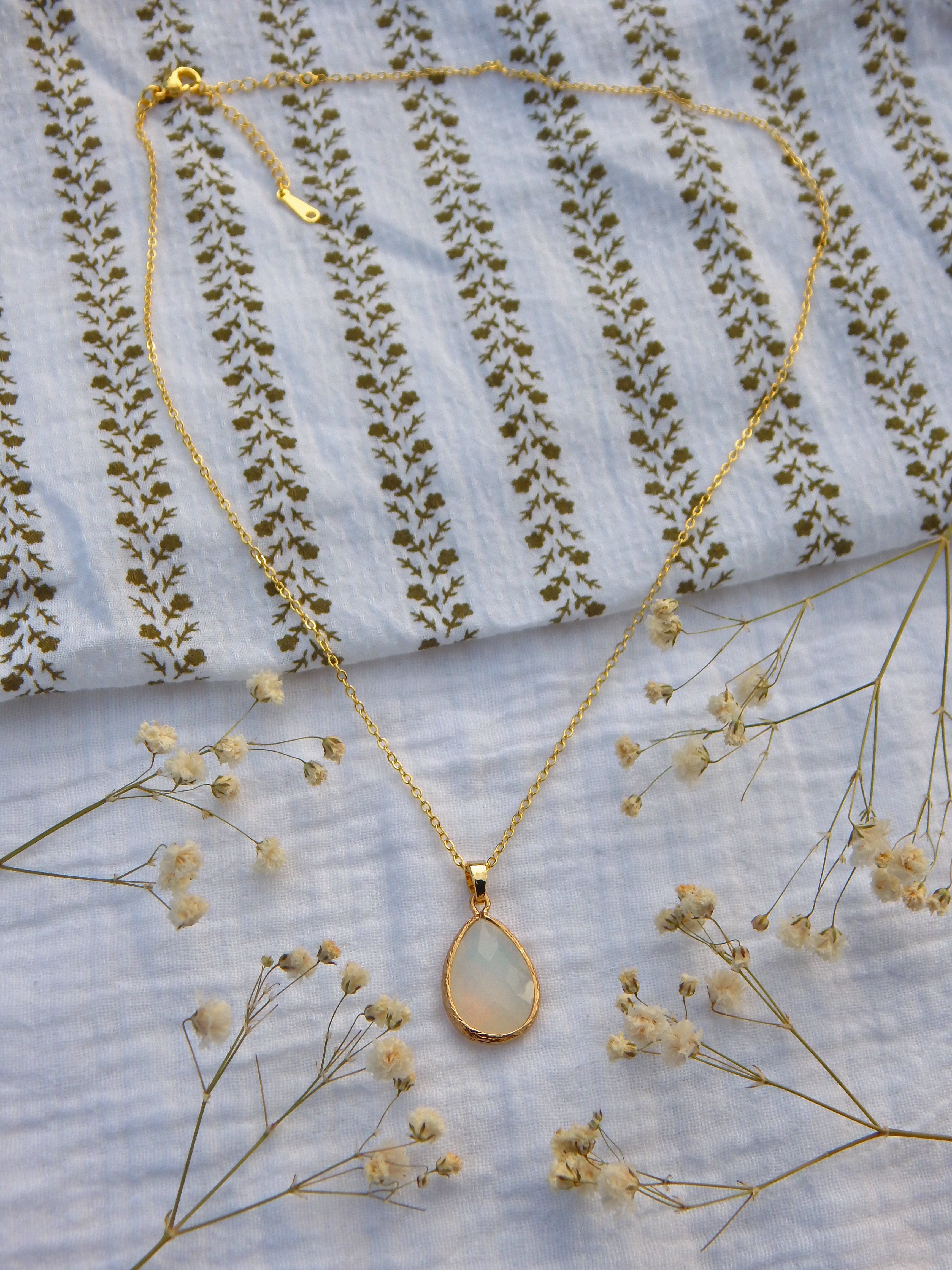 Iridescent Teardrop Necklace | Hardened Glass Pendant | Boho Gold Jewelry