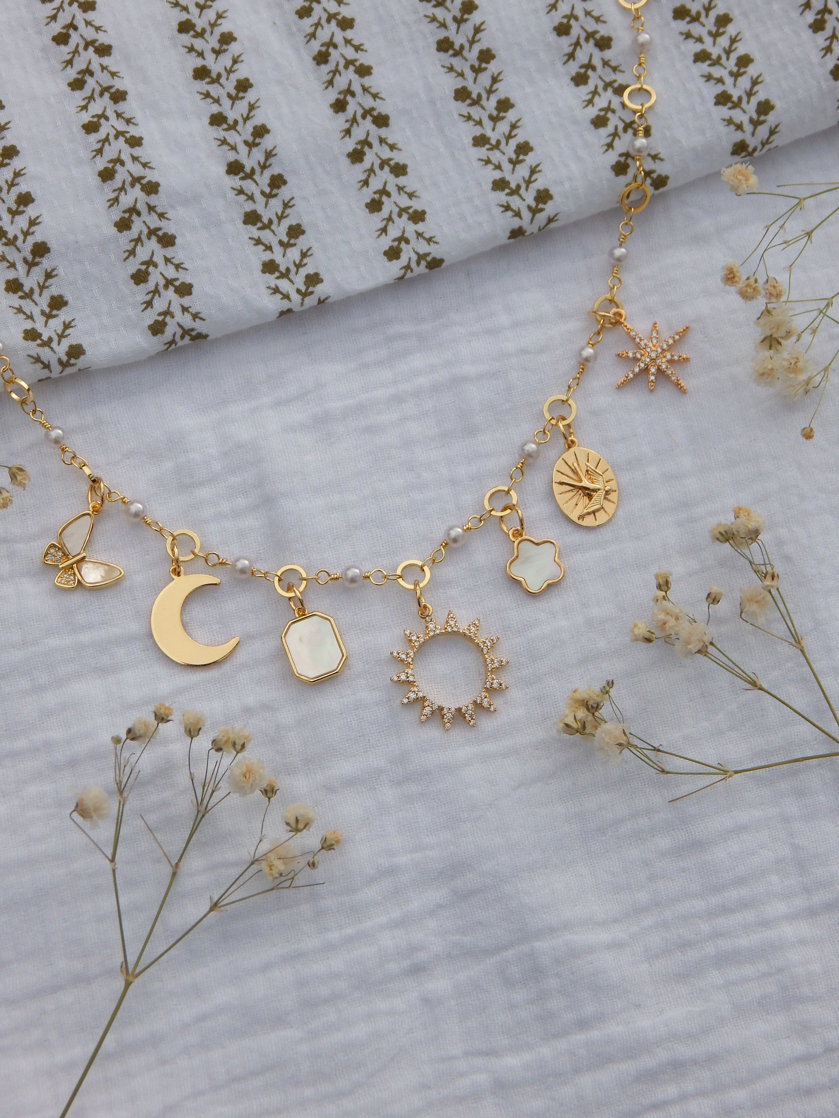 One-of-a-Kind Pearl Charm Necklace | Celestial & Mother of Pearl Charms | Sun, Moon, Star & Butterfly | Dainty Gold Hypoallergenic Jewelry