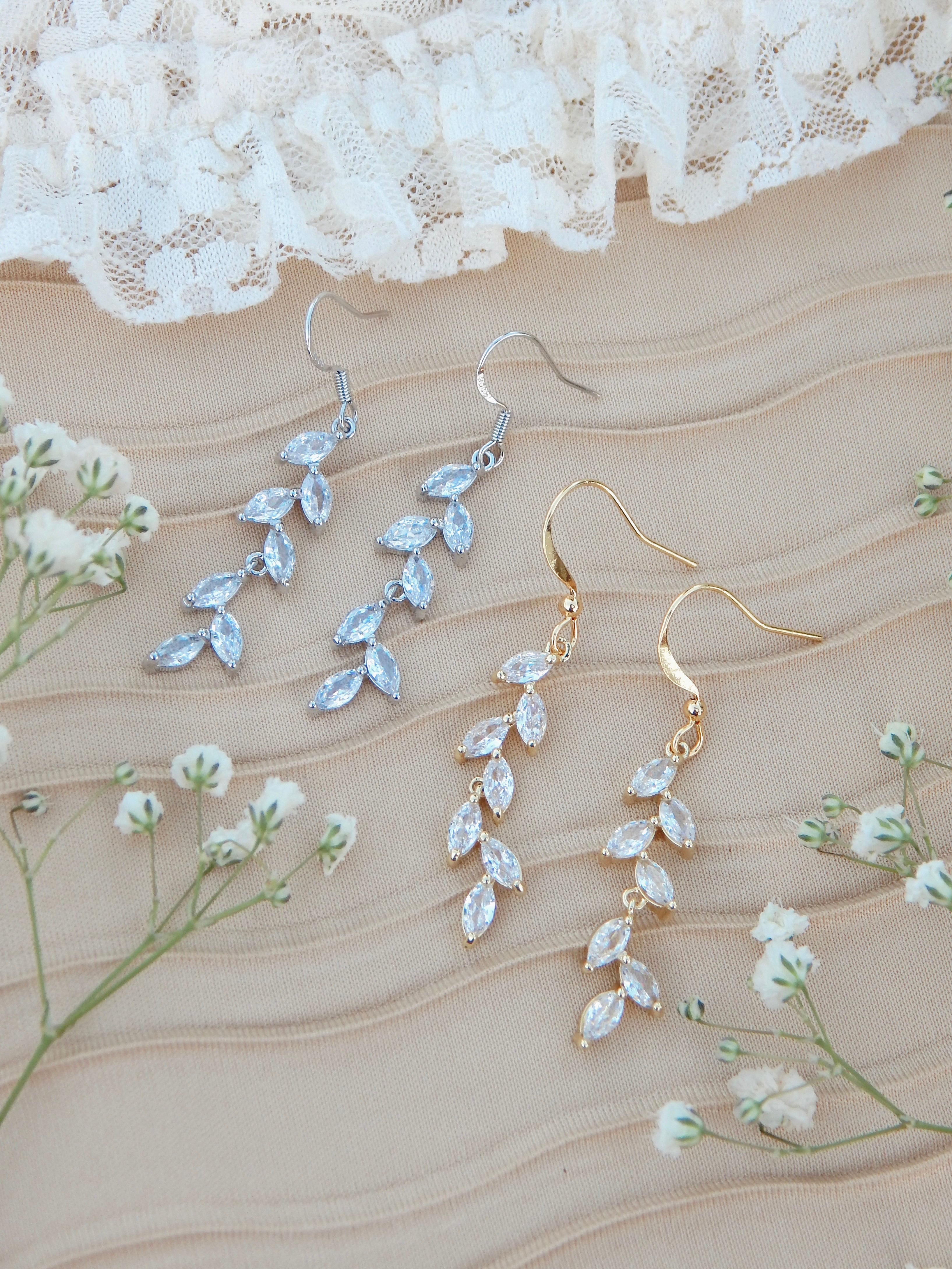 Bloom Earrings – Gold & Silver Cubic Zirconia Leaf Dangle Jewelry