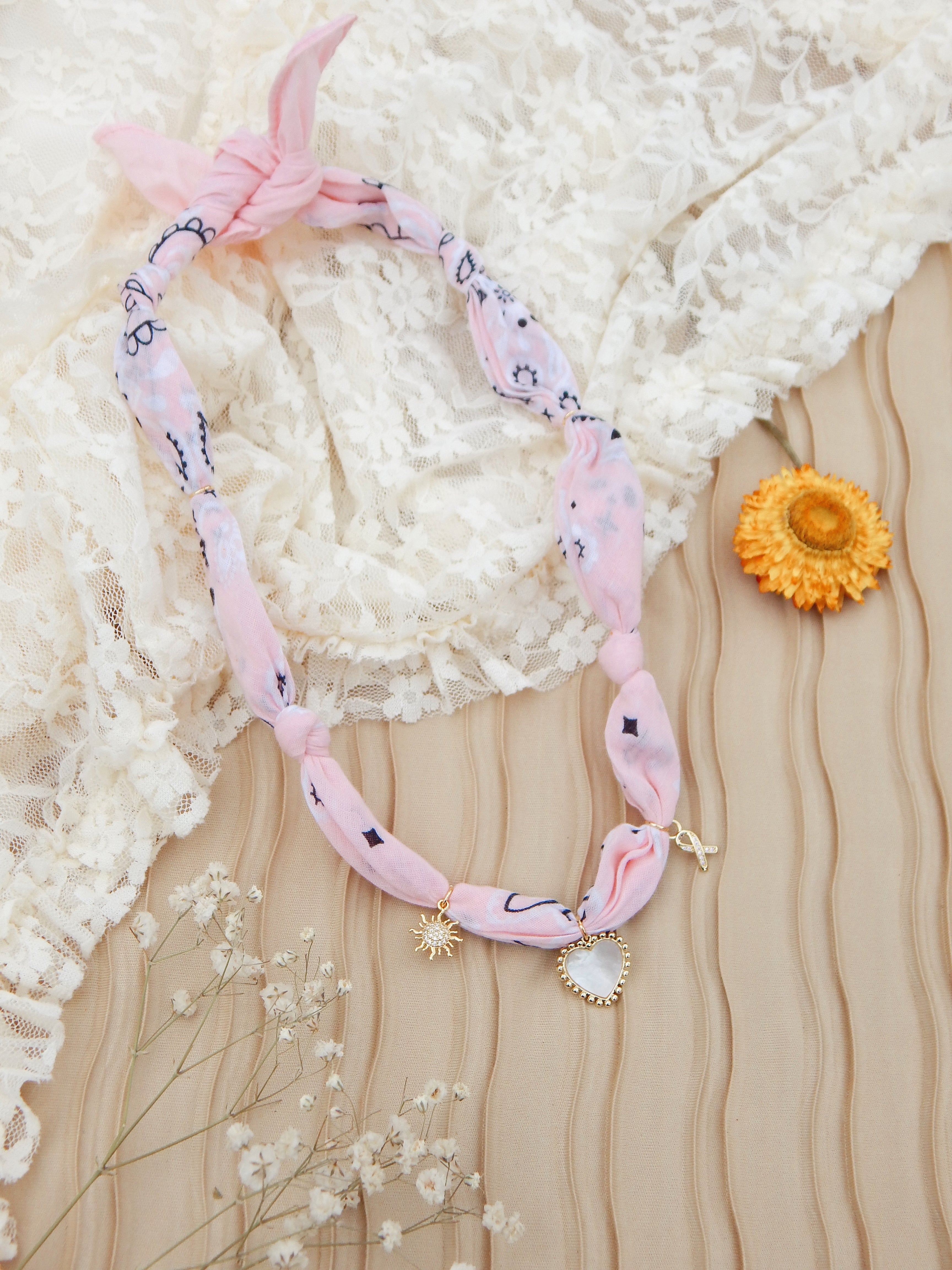 Pink Sunrise Bandana Charm Necklace – Adjustable 20” Max | Mother of Pearl Heart & 18k Gold Accents