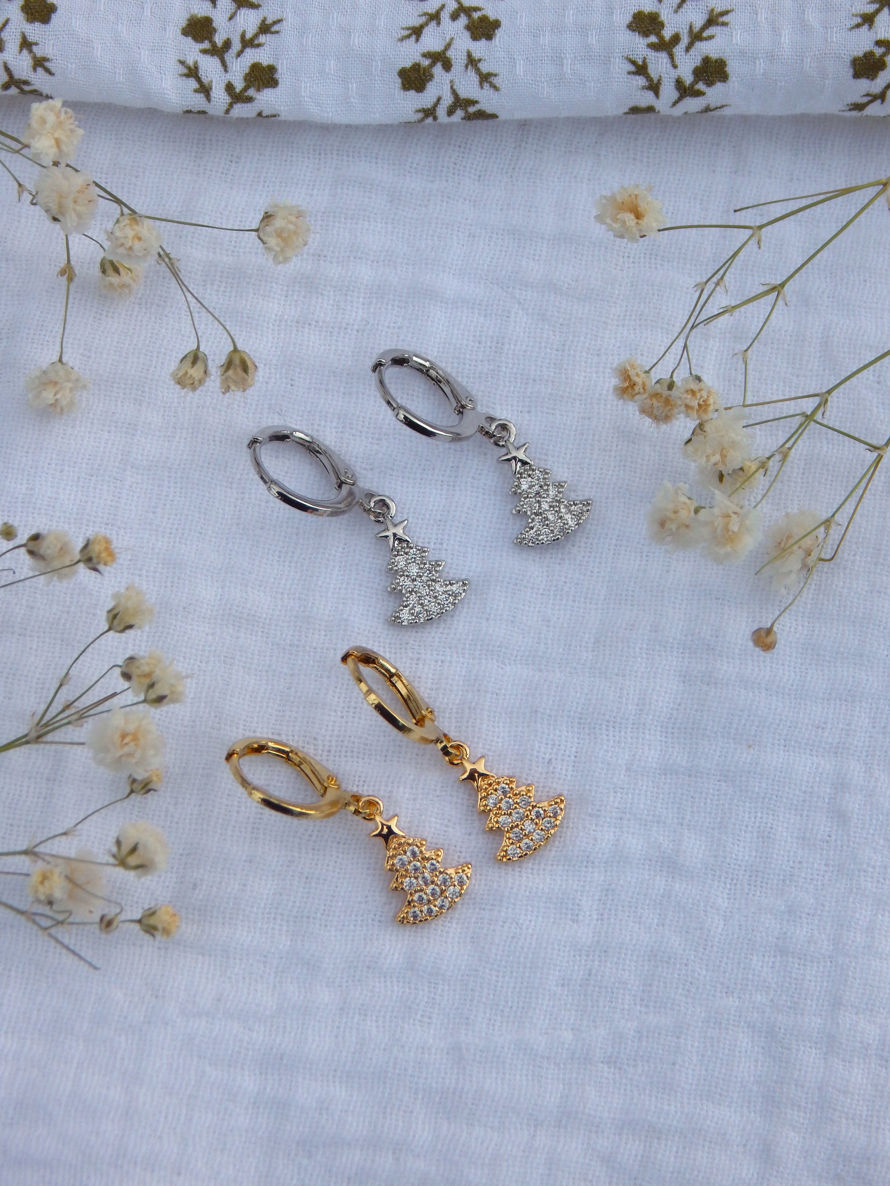 CZ Christmas Tree Huggie Earrings | Gold or Silver Holiday Huggies | Dainty Hypoallergenic Festive Jewelry