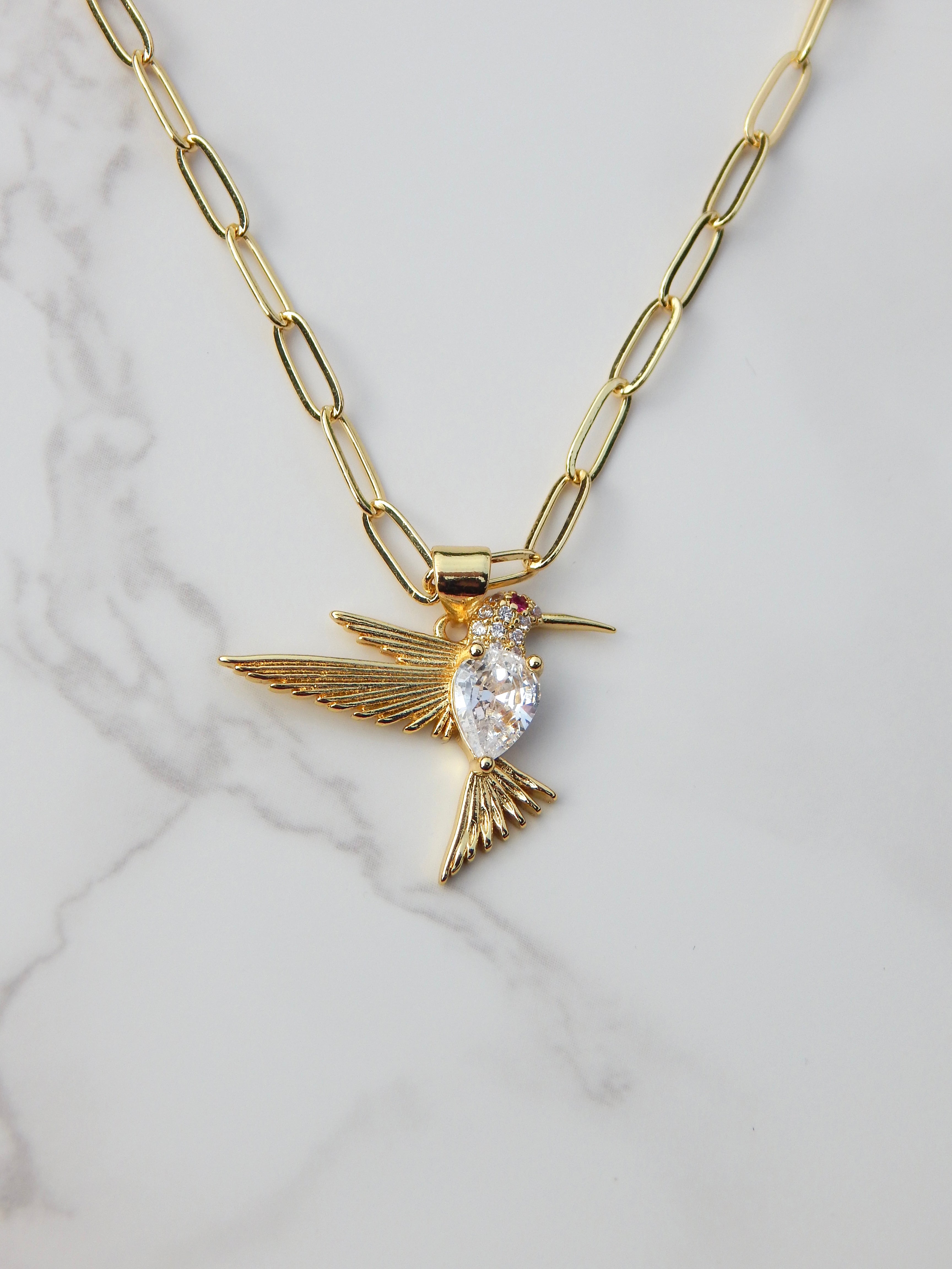 22 inch Gold Hummingbird Paperclip Chain Necklace