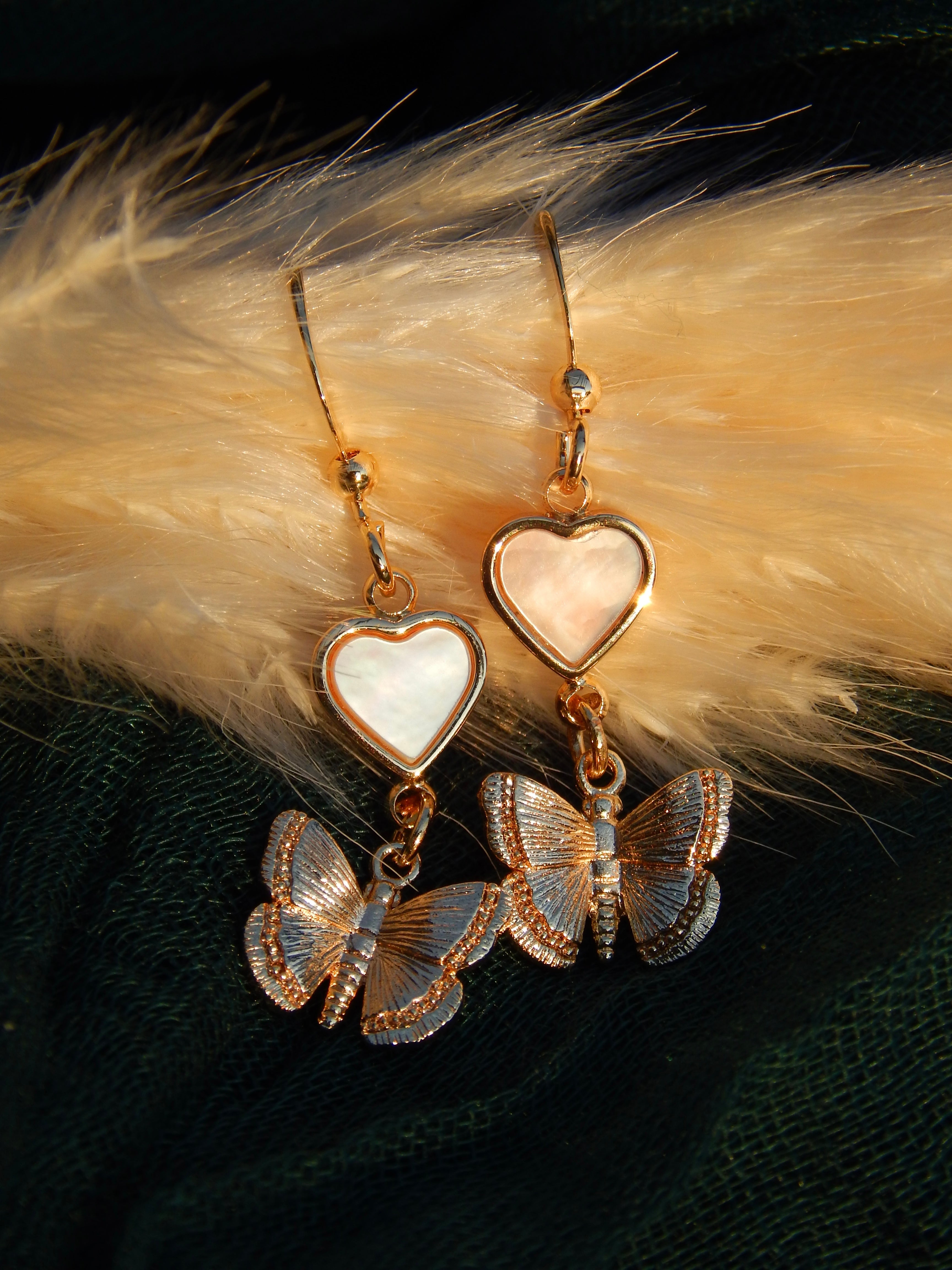 Dainty Gold Butterfly Shell Heart Dangles