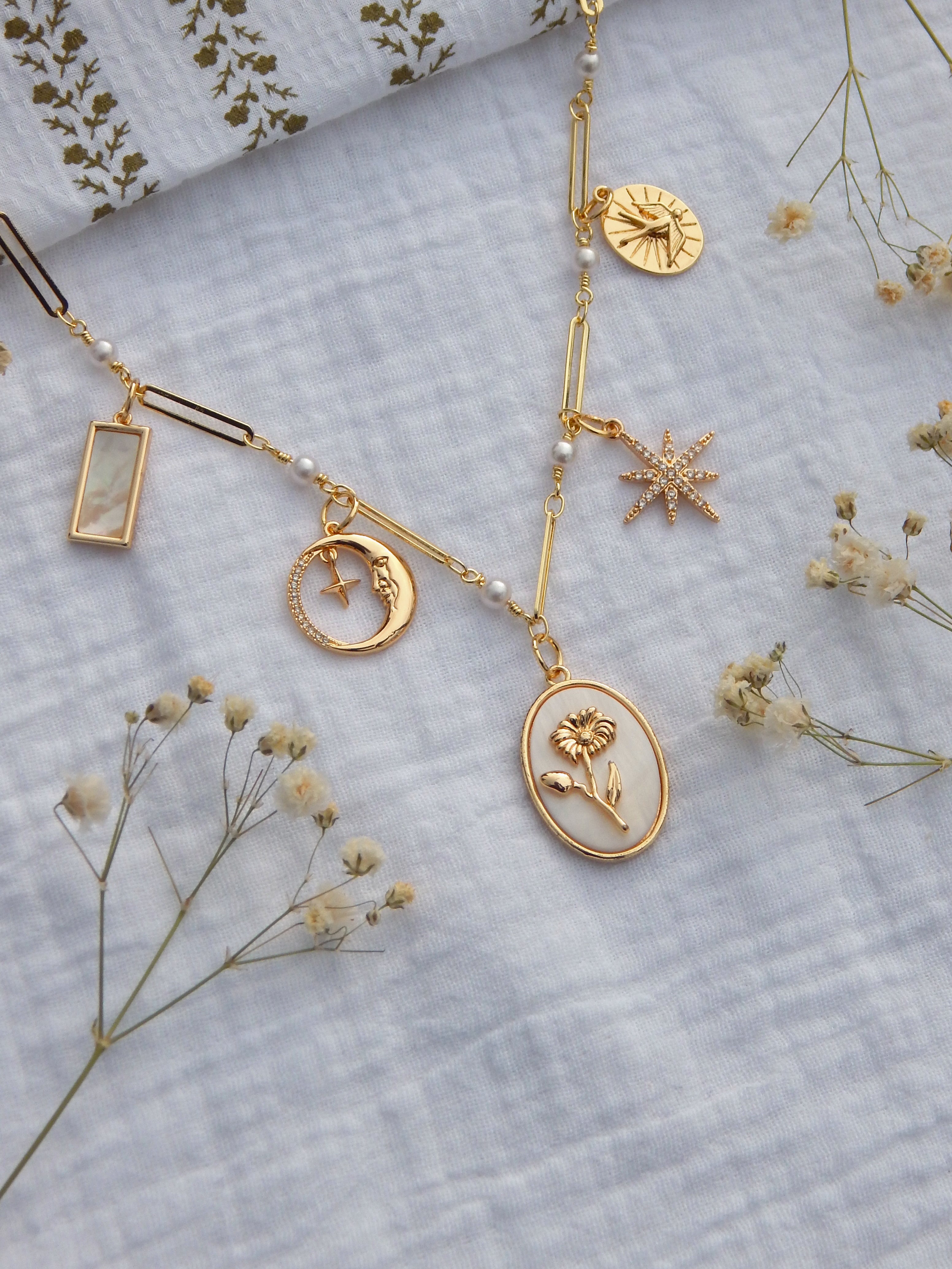 One-of-a-Kind September Birth Flower Necklace | Aster Flower Charm | Pearl & Paperclip Chain | Celestial Moon & Starburst | Gold Hypoallergenic Jewelry