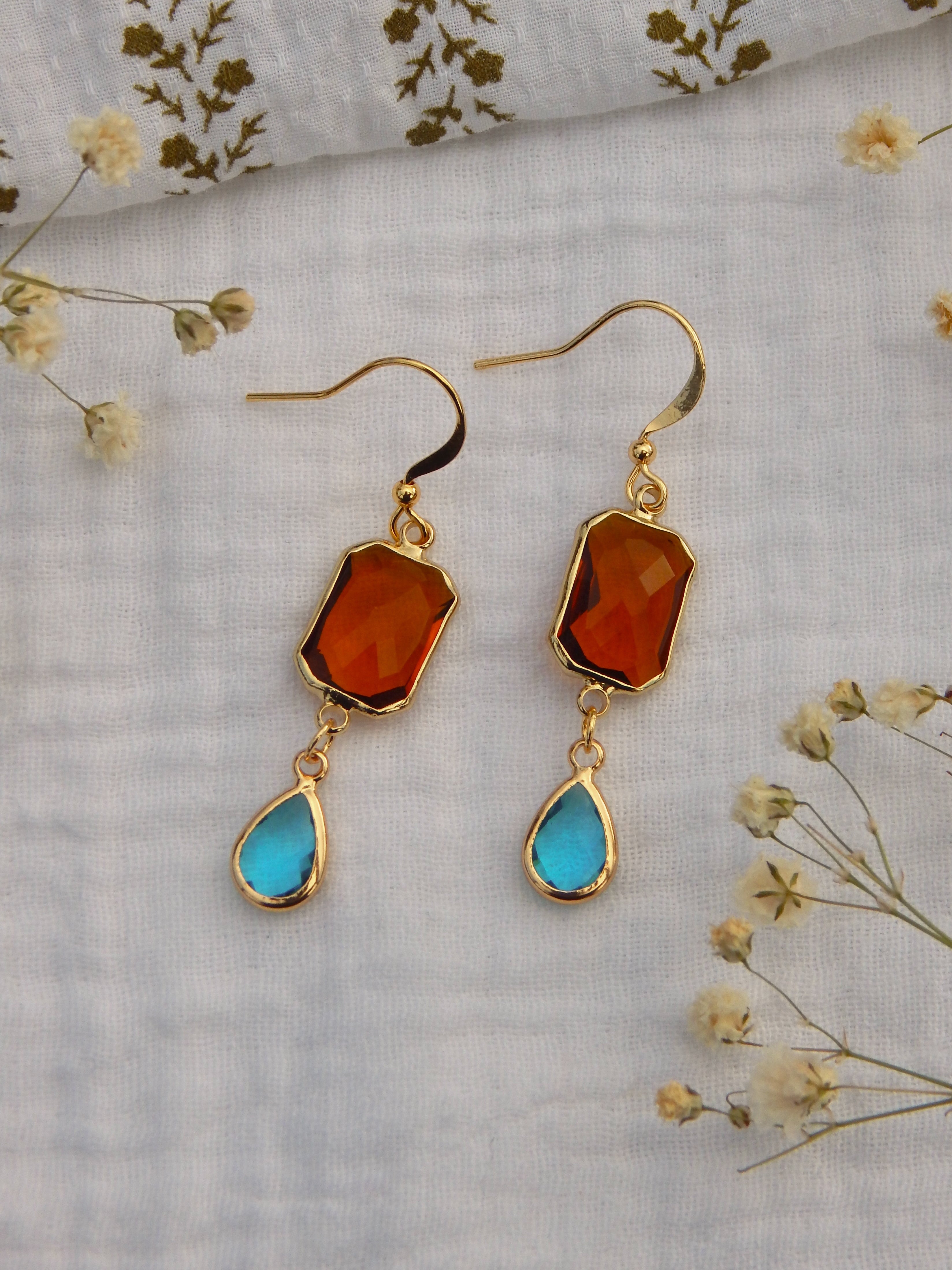 Amber & Aqua Drop Earrings – Hardened Glass Gemstone Dangles | Lightweight Hypoallergenic Gold Jewelry
