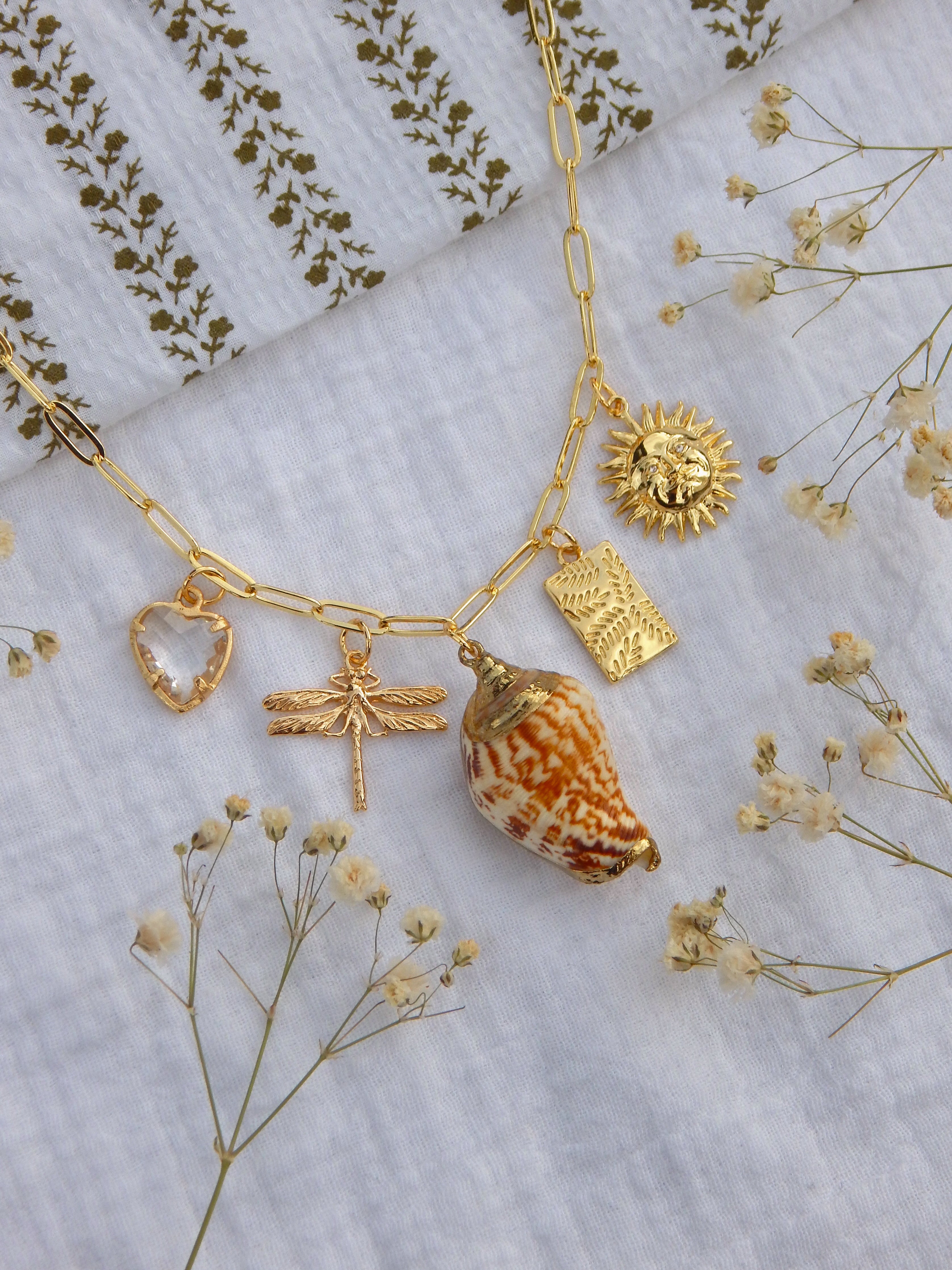 One-of-a-Kind Coastal Charm Necklace | Dragonfly Pendant, Natural Seashell, Gold Sun & Leaf Charm | Hardened Glass Heart | 18” Gold Paperclip Chain
