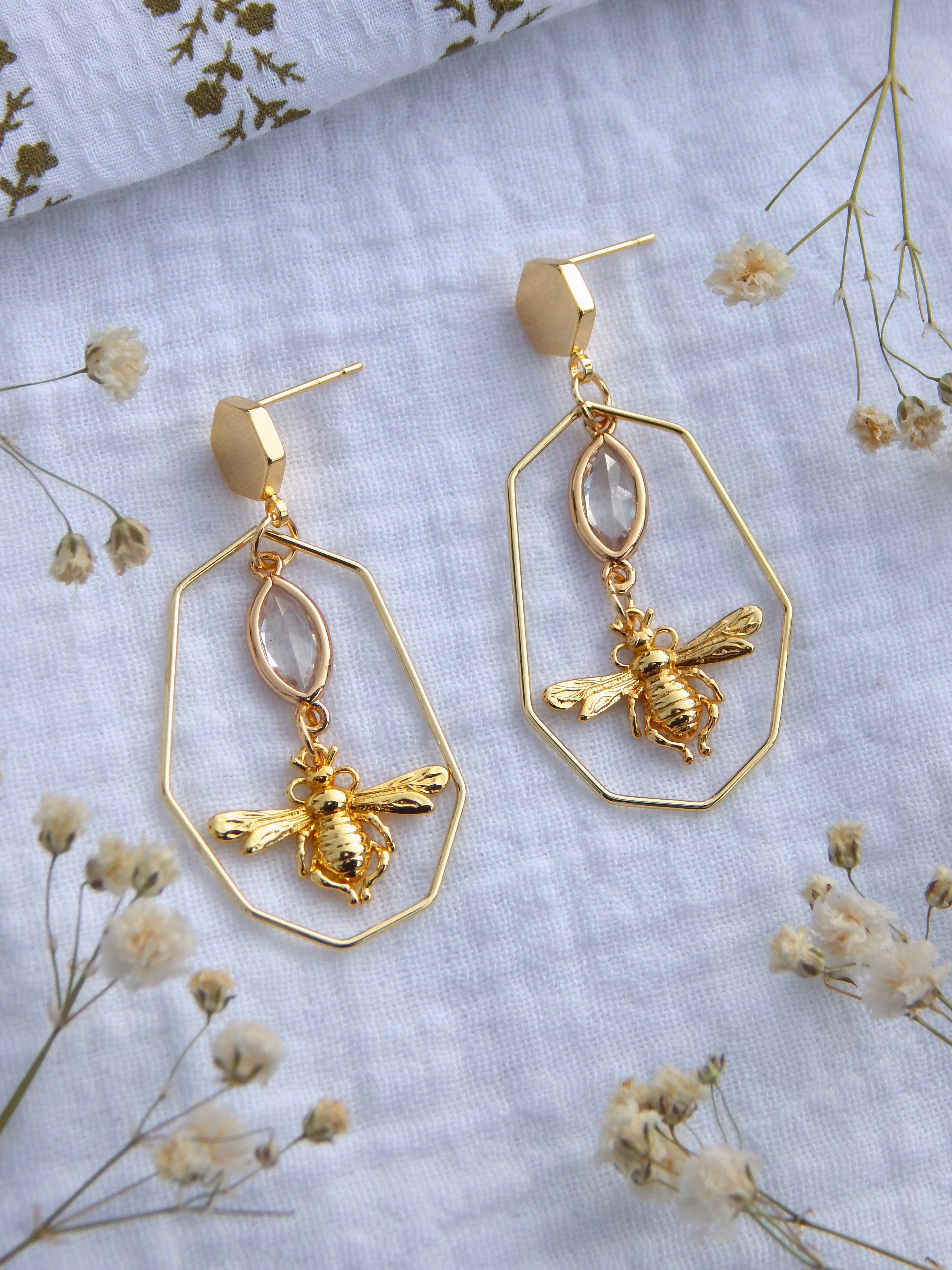 Bee Charm Statement Earrings | Gold Hexagon Stud Earrings | Hardened Glass Center Gem | Lightweight Boho Nature Jewelry