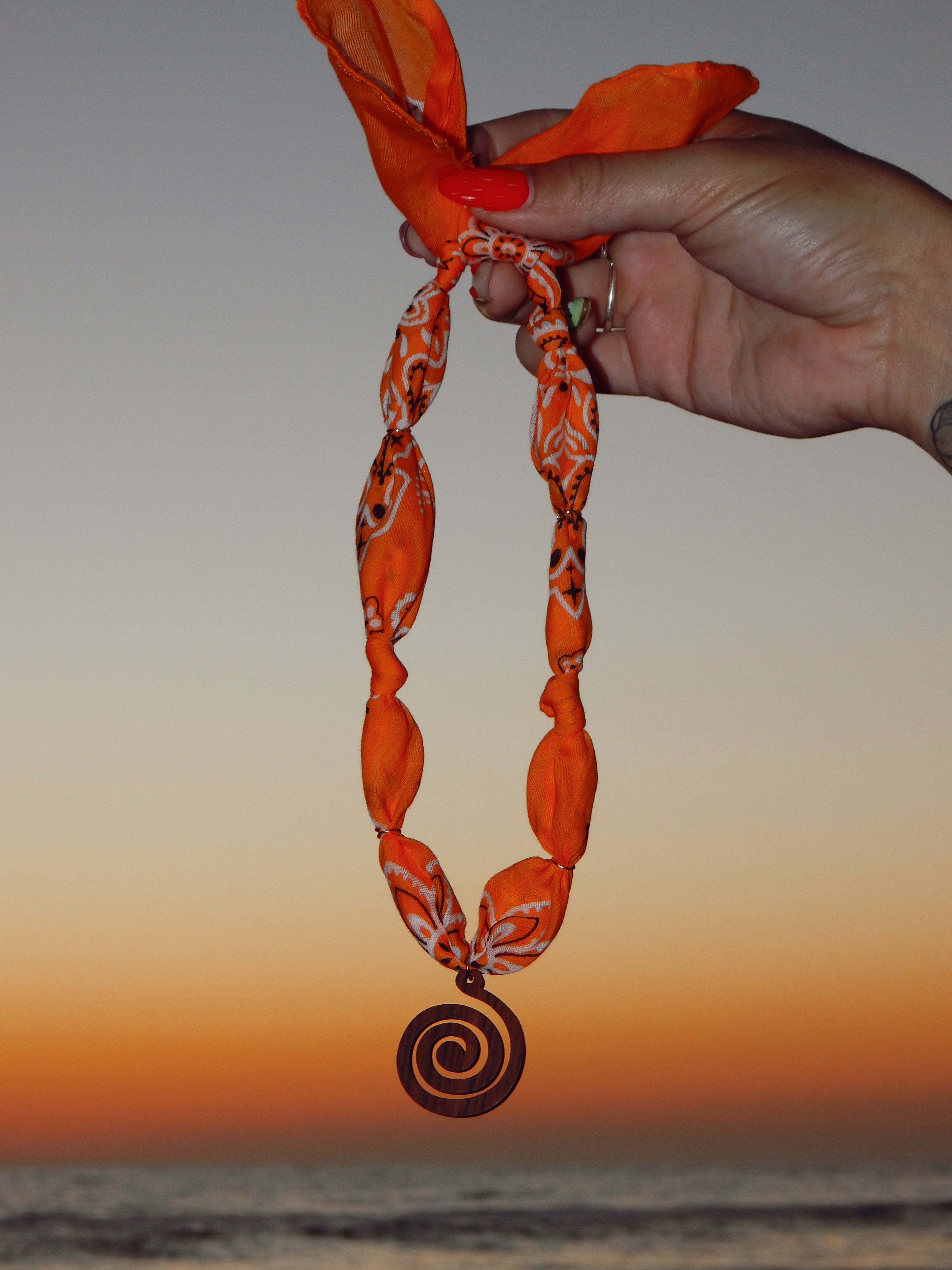 Spiral of Light Bandana Charm Necklace – Adjustable 20” Max | Natural Wood & Gold Accents