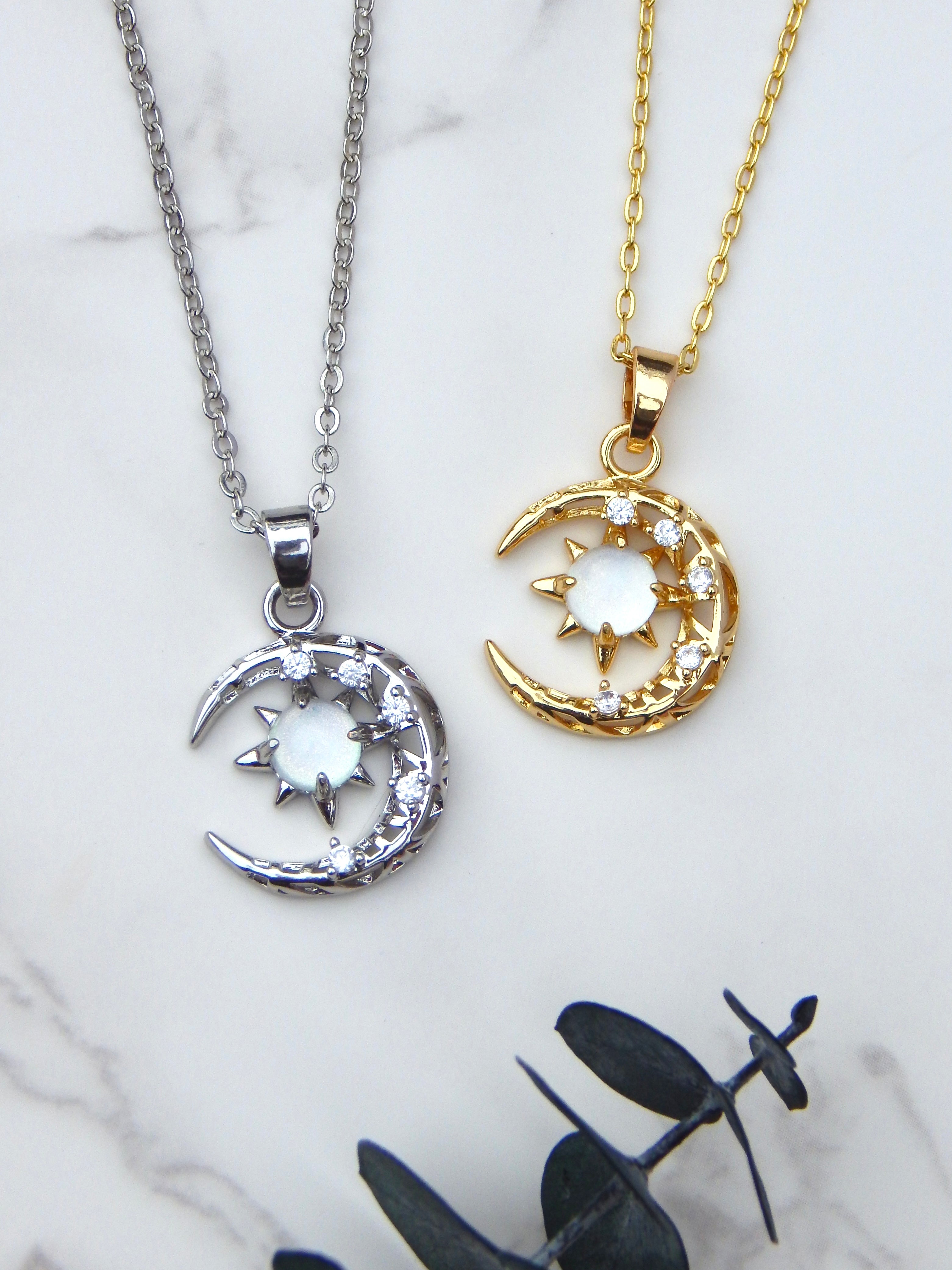 Cosmos Glow Necklace – Sun, Moon & Crystal Pendant in Silver or Gold