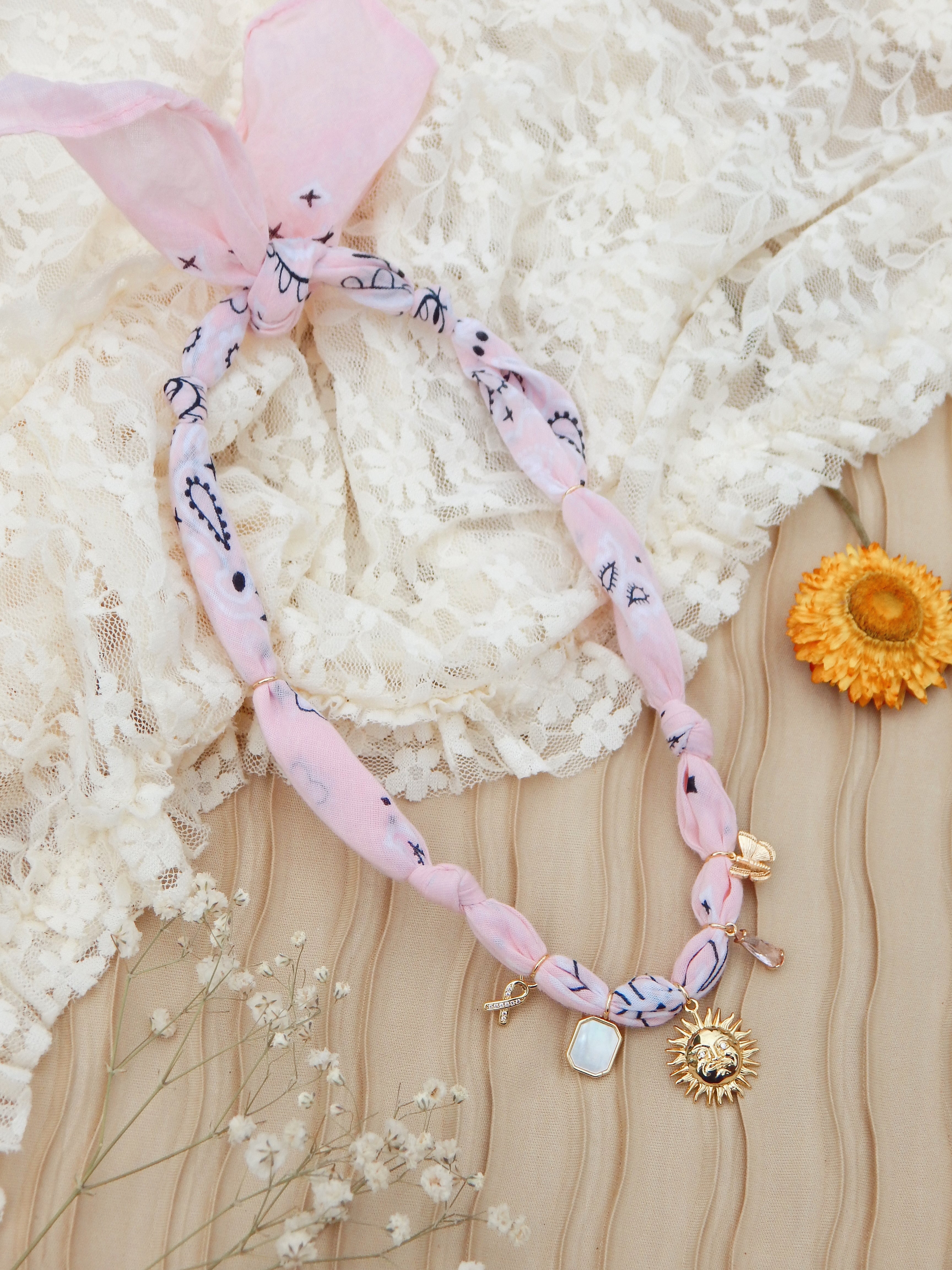 Ray of Hope Bandana Charm Necklace – Adjustable 20” Max | 18k Gold Accents & Mother of Pearl