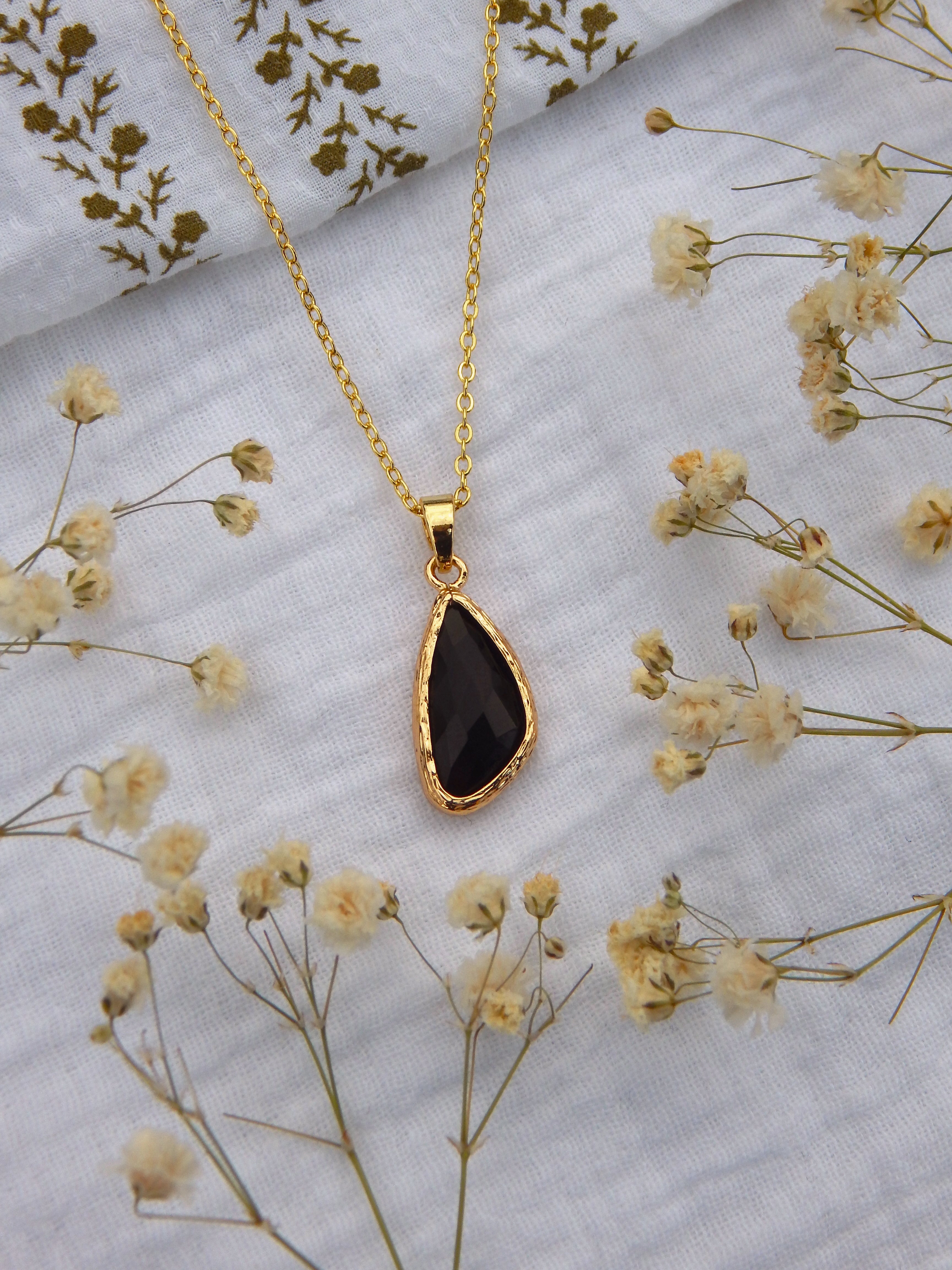 Black Teardrop Hardened Glass Necklace | Gold Dainty Pendant | Hypoallergenic Tarnish Resistant Jewelry
