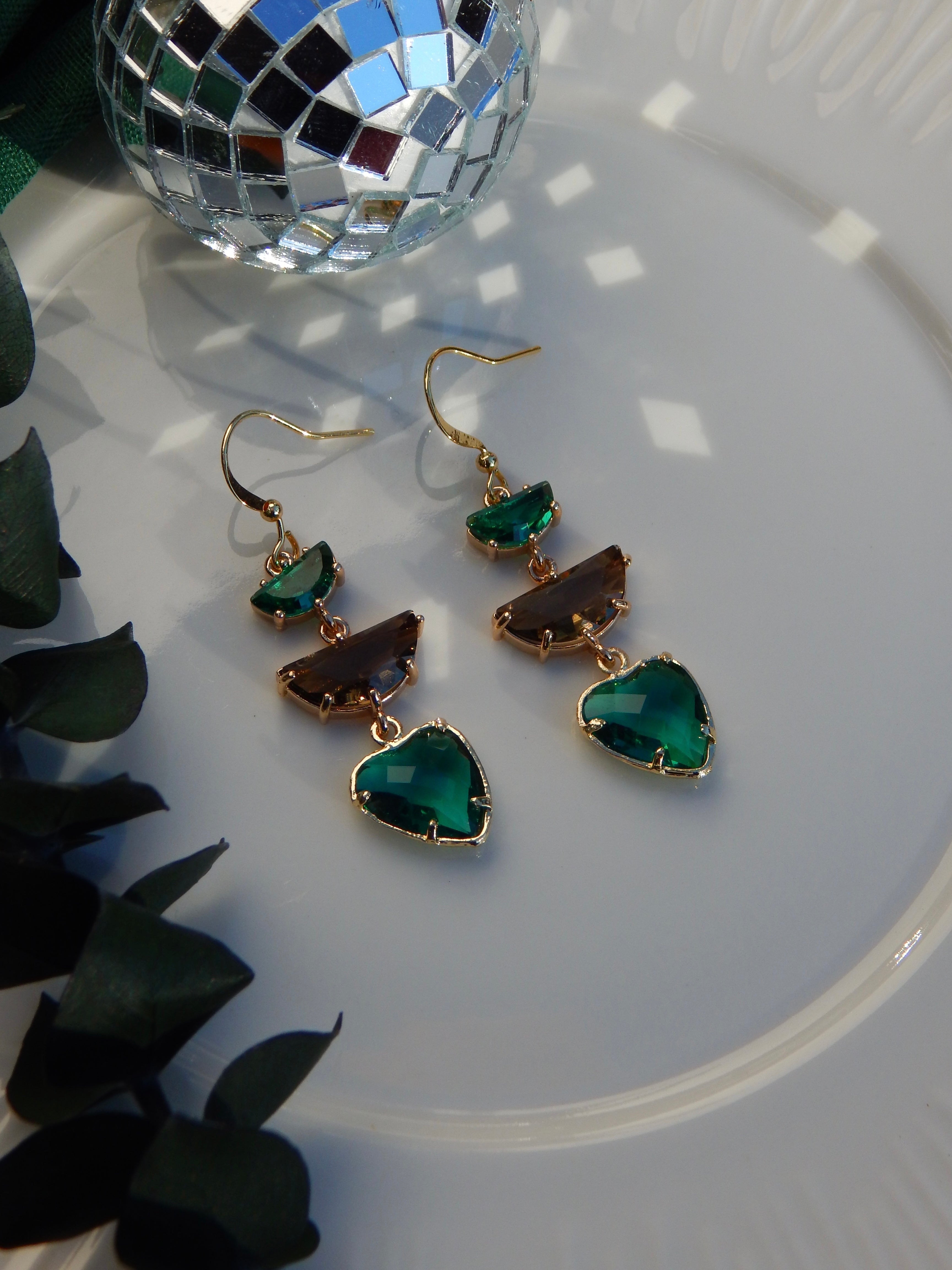 Emerald and Chocolate Heart Dangle Earrings