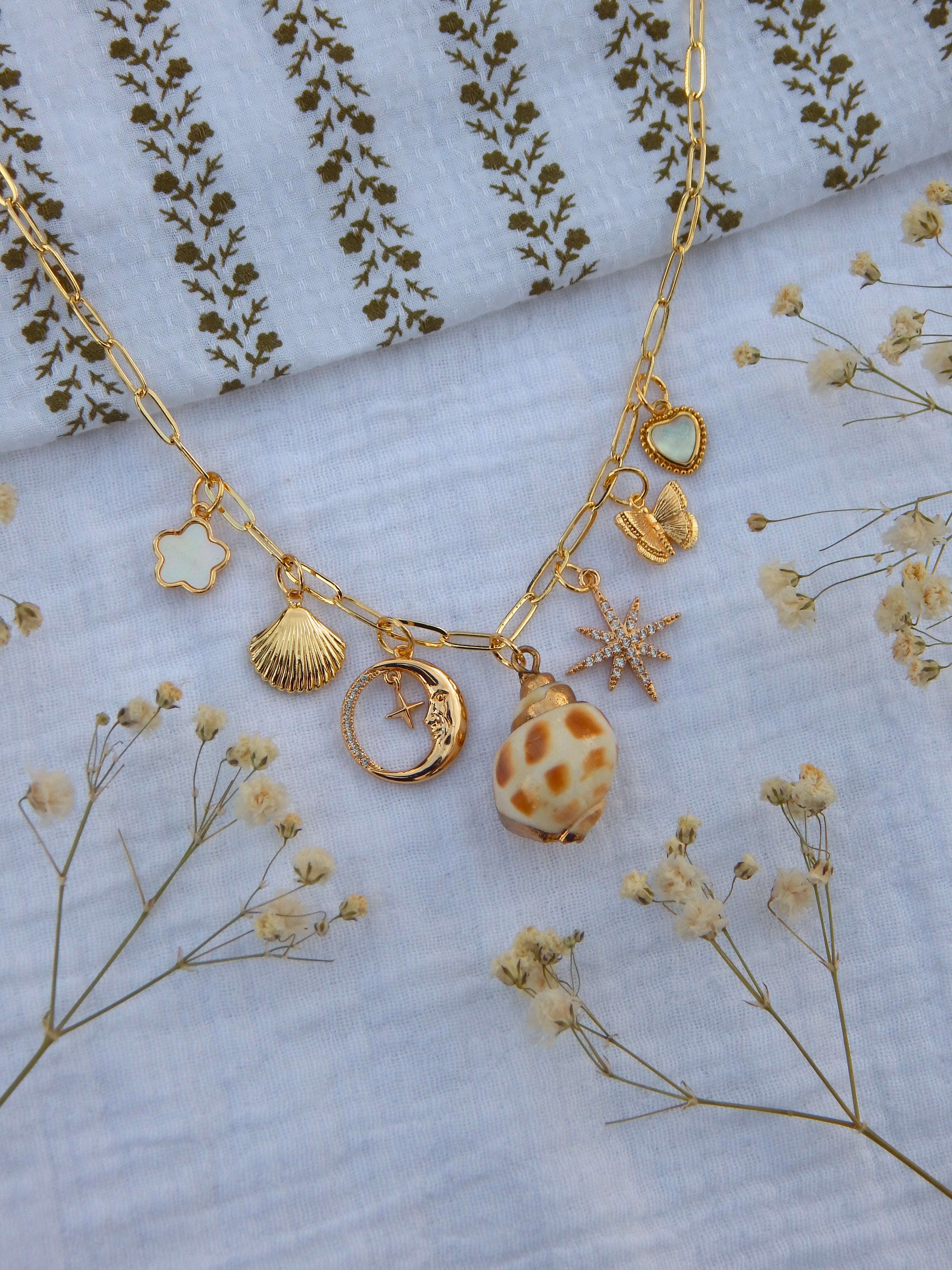 One-of-a-Kind Charm Necklace | Beachy Boho Charm Cluster | Seashell, Moon, CZ Star & Butterfly | 18” Gold Paperclip Chain