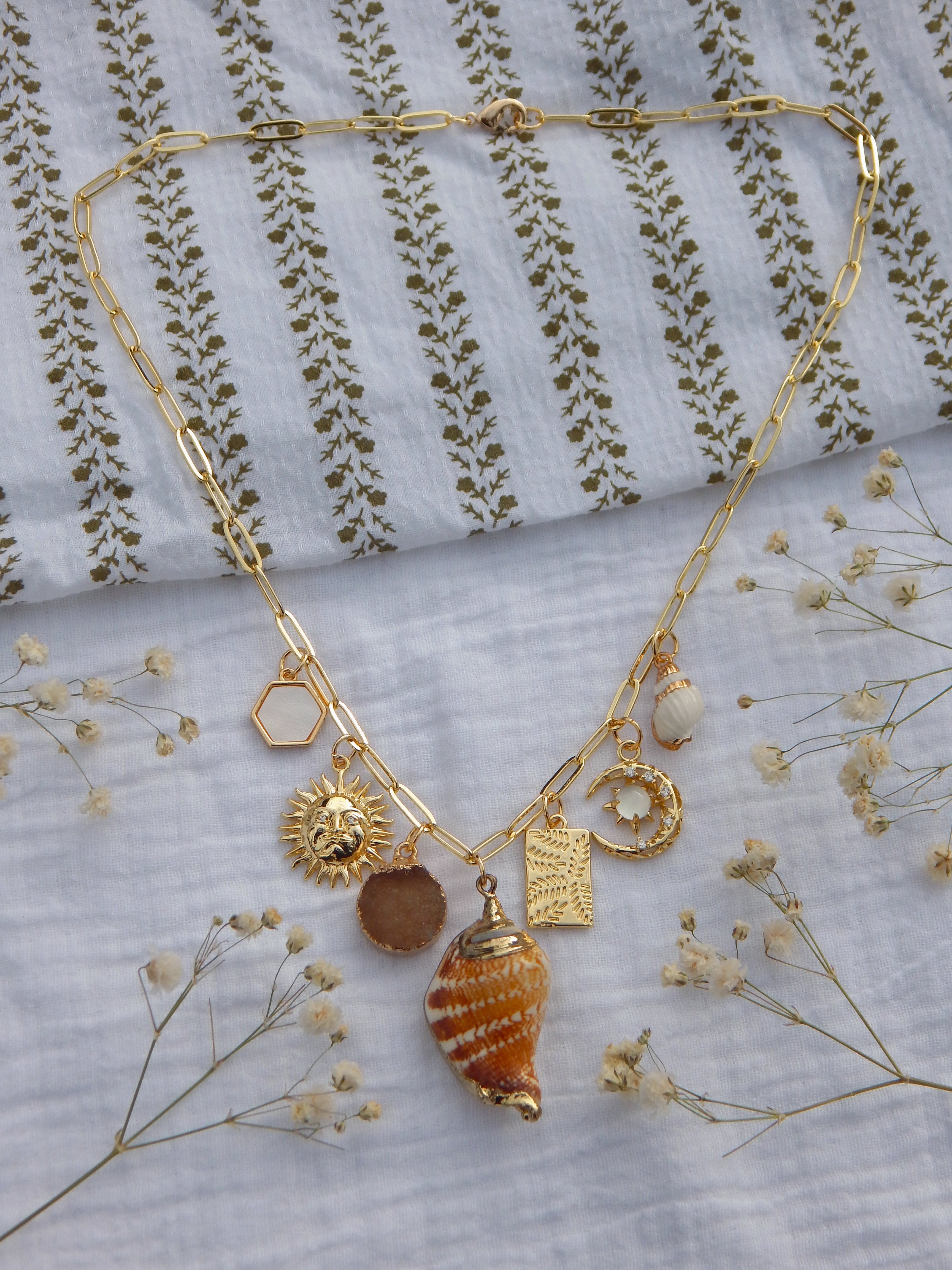One-of-a-Kind Coastal Charm Necklace | Natural Seashell & Druzy Pendant | Sun & Moon CZ Charms | Mother of Pearl Hexagon | 18” Gold Paperclip Chain