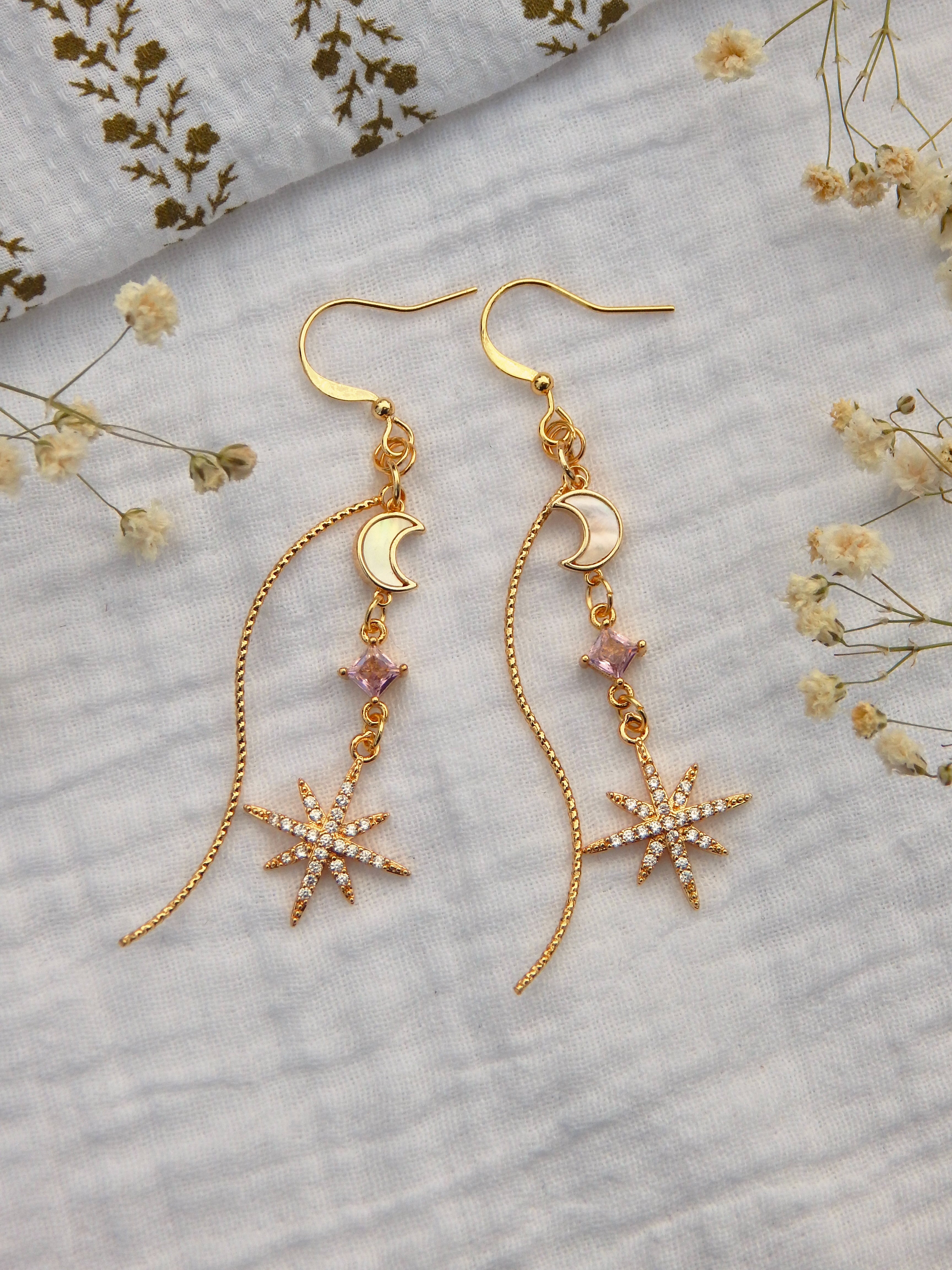 North Star Drop Earrings – Mother of Pearl Moon & CZ Star Dangles | Gold Celestial Earrings in White or Pink CZ