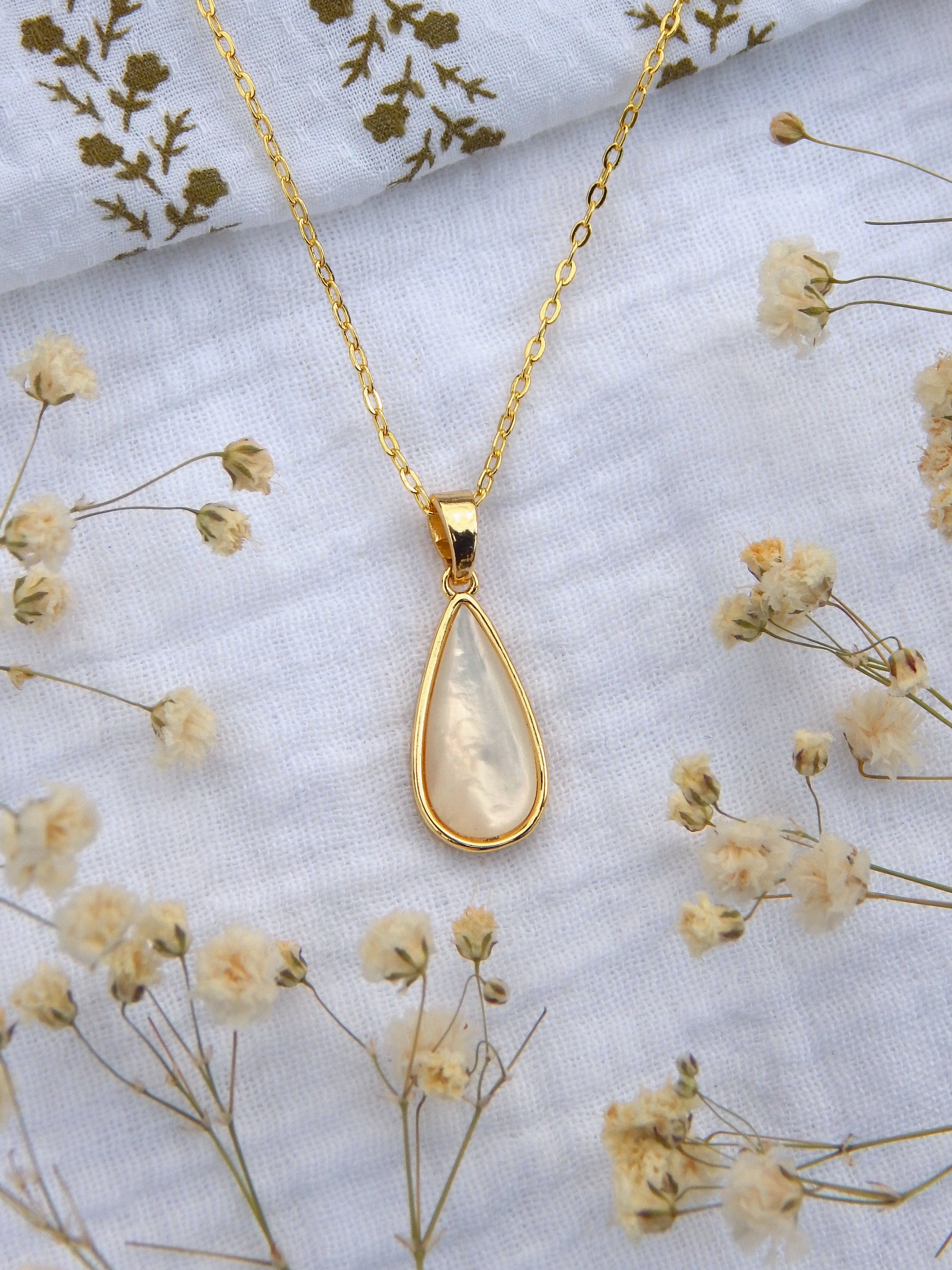 Mother of Pearl Teardrop Necklace | Gold Dainty Pendant | Hypoallergenic Tarnish Resistant Jewelry