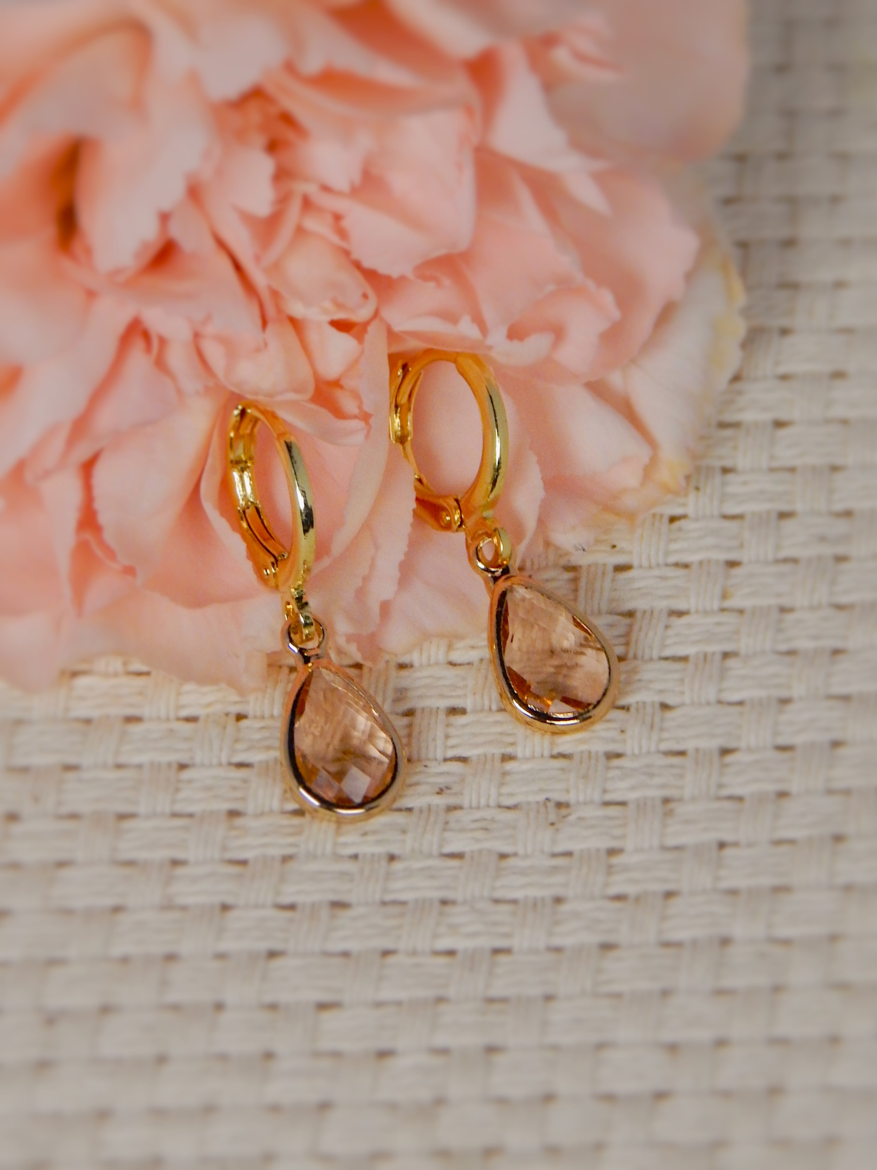 Gold huggie earrings with champagne teardrop gemstone drop, soft neutral jewelry
