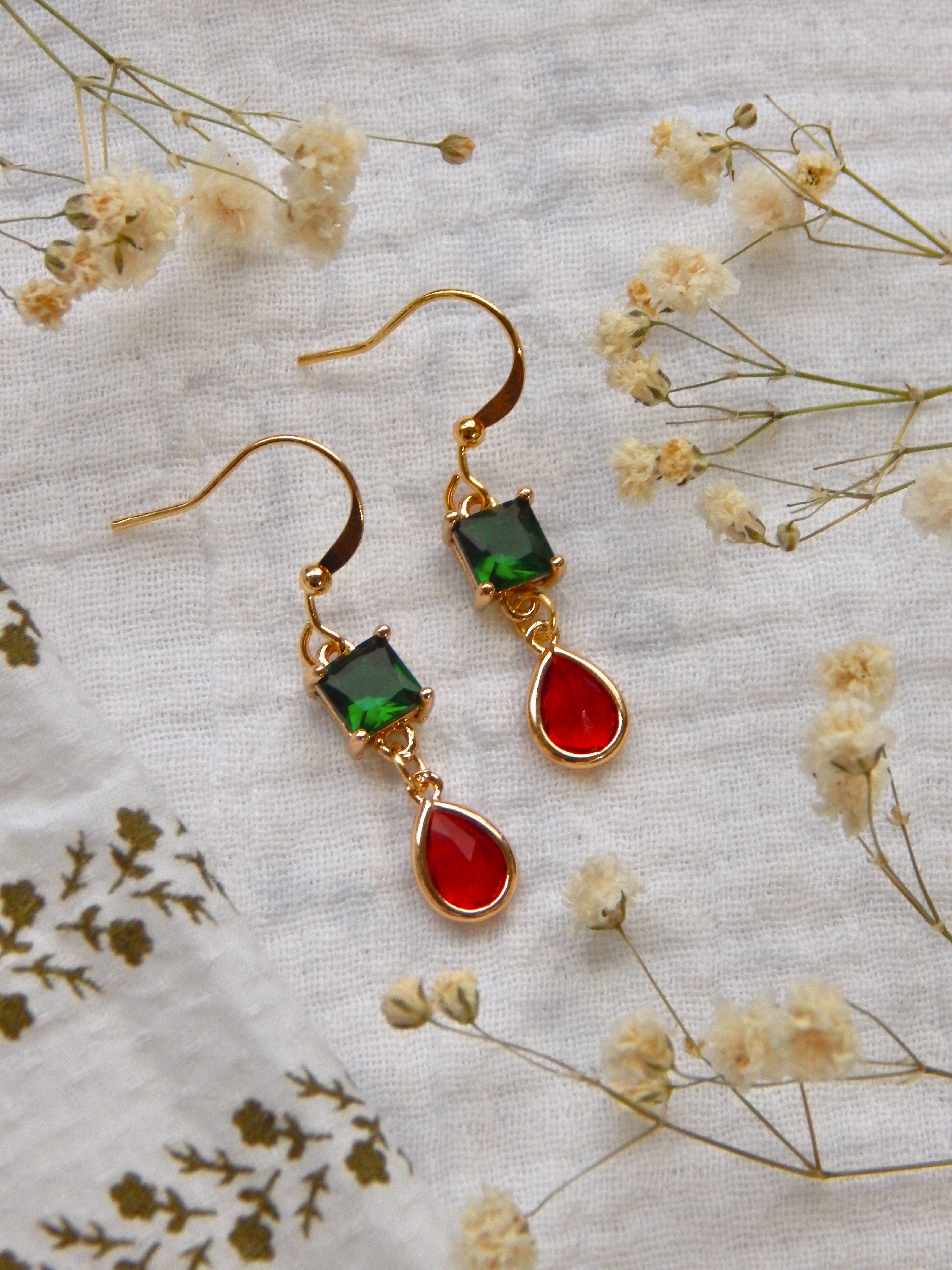 Green CZ & Red Glass Drop Earrings – Holiday Hardened Glass Dangles | Lightweight Hypoallergenic Gold Jewelry