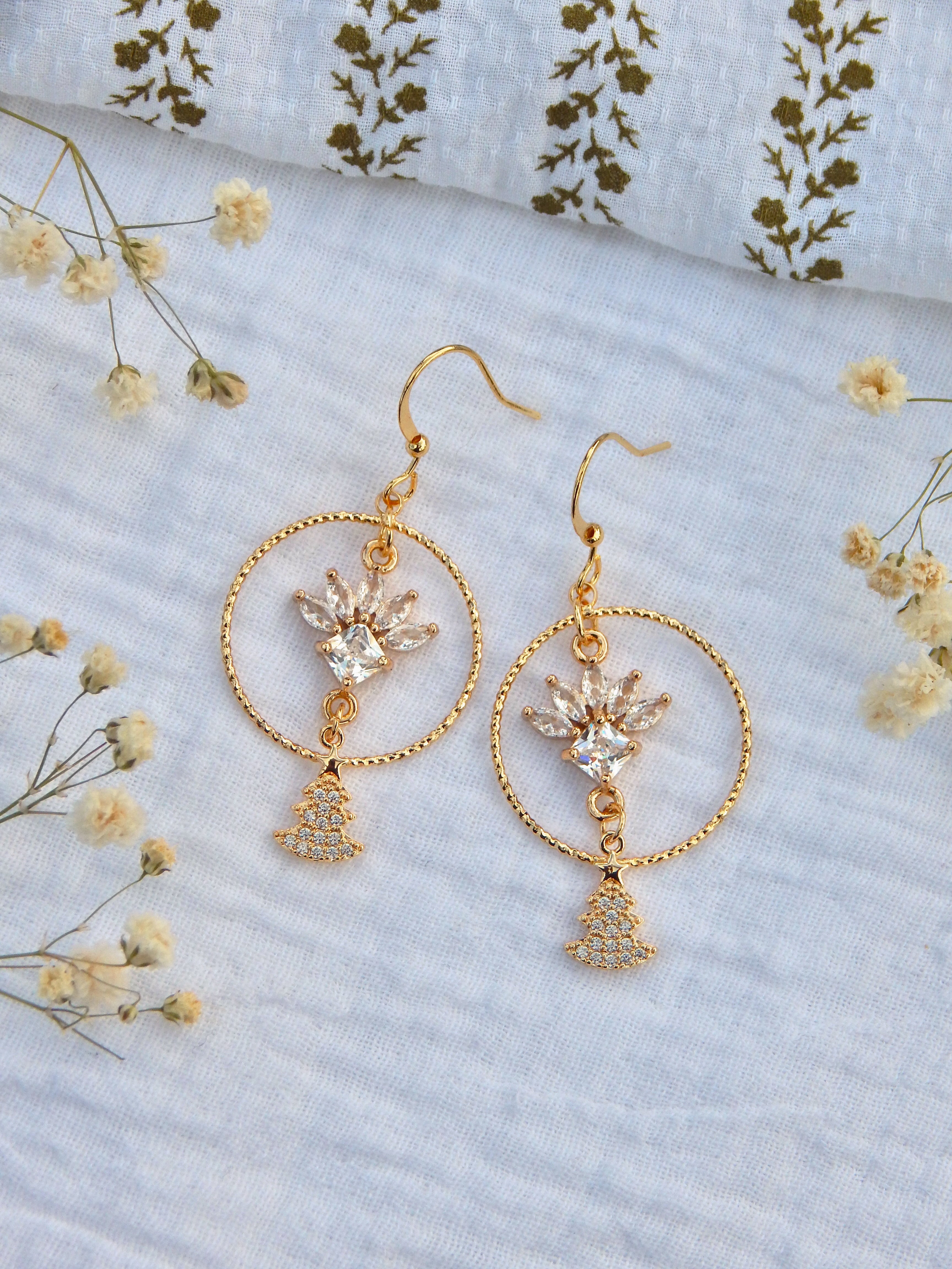Golden Holiday Tree Earrings – Cubic Zirconia Sparkle Hoops