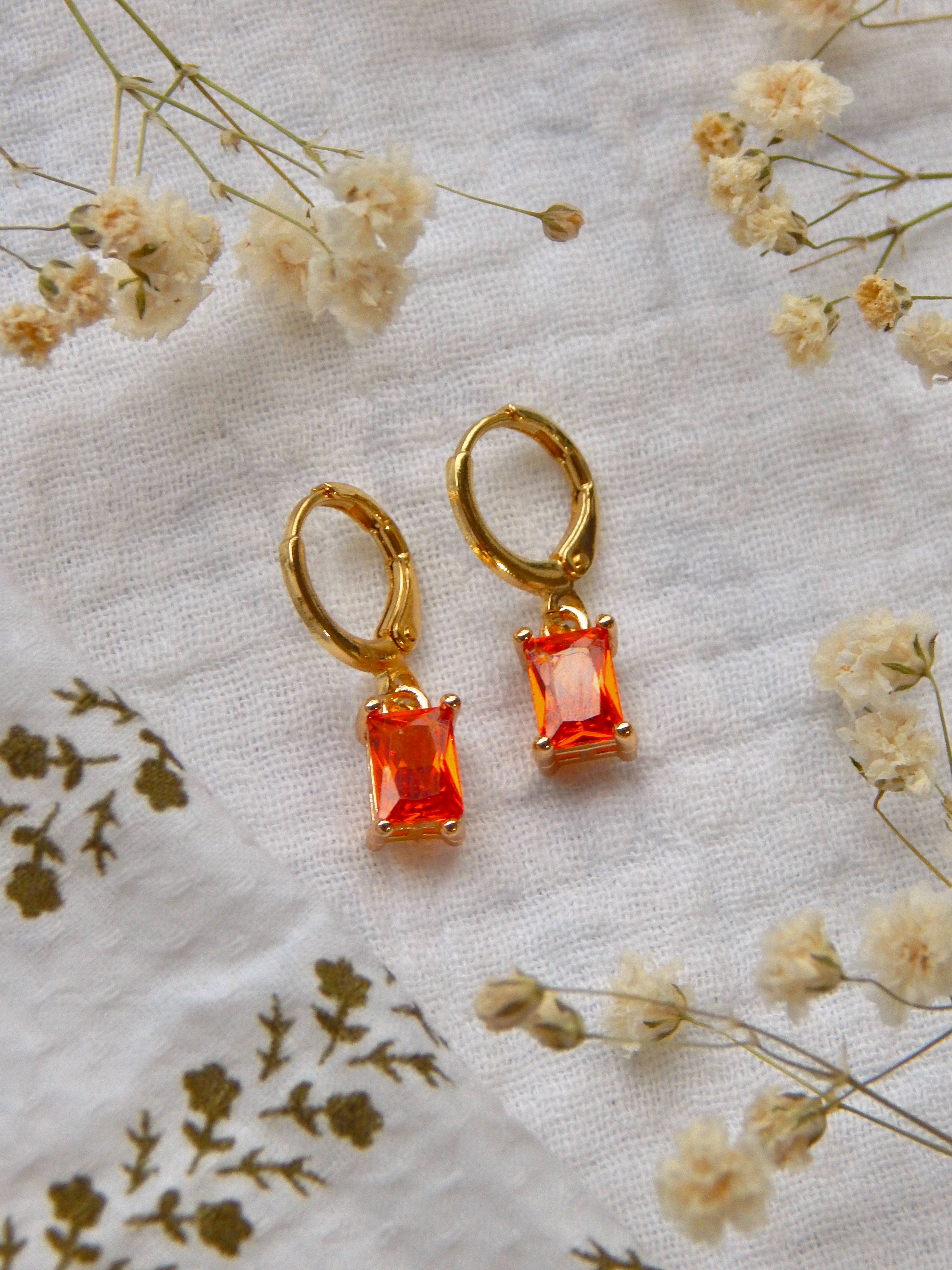 Orange CZ Rectangle Huggie Earrings – Gold Cubic Zirconia Drop Hoops | Lightweight Hypoallergenic Jewelry