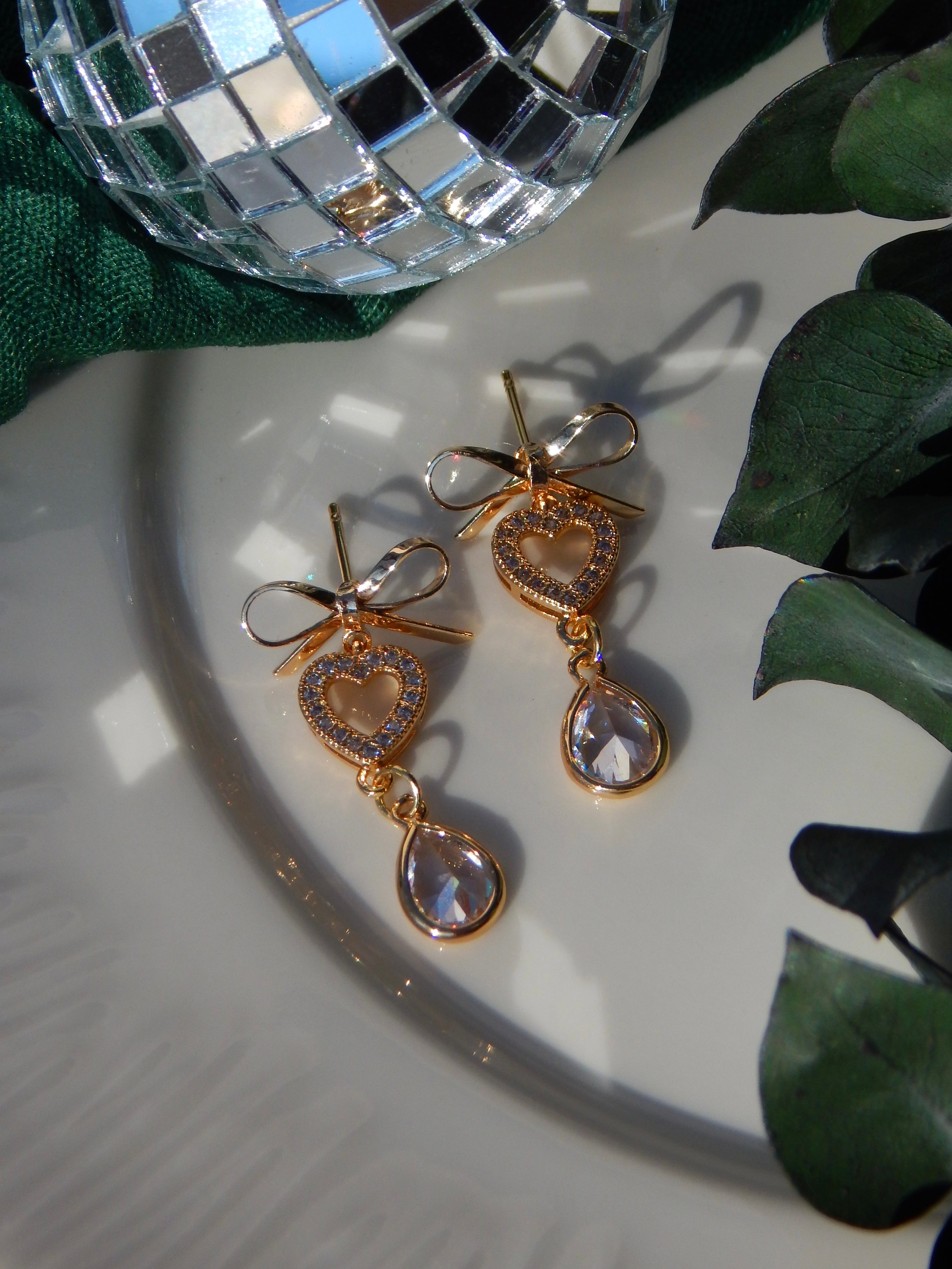 Gold Bow Heart Drop Earrings