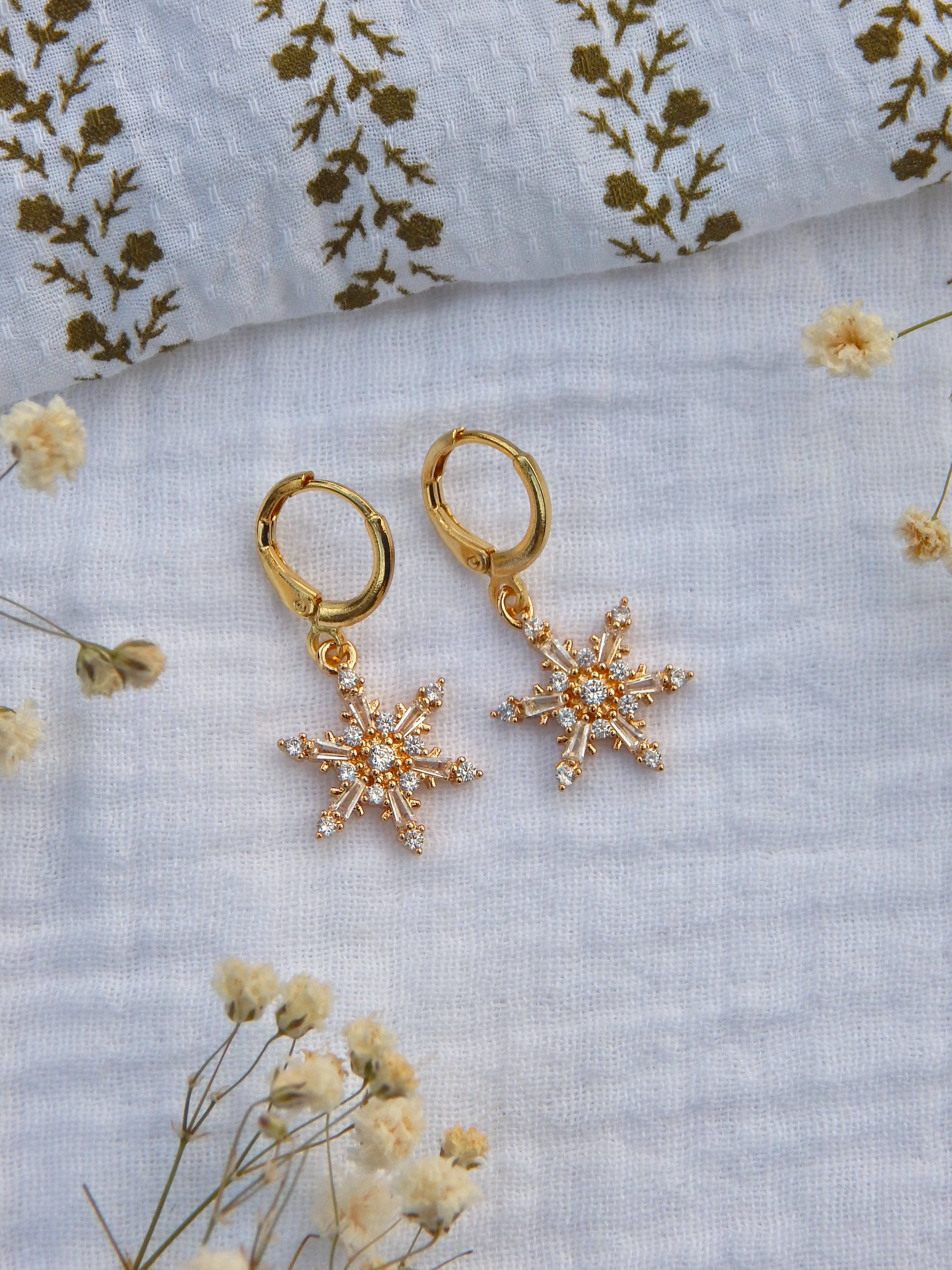 Golden Snowflake Earrings – Cubic Zirconia Holiday Huggies