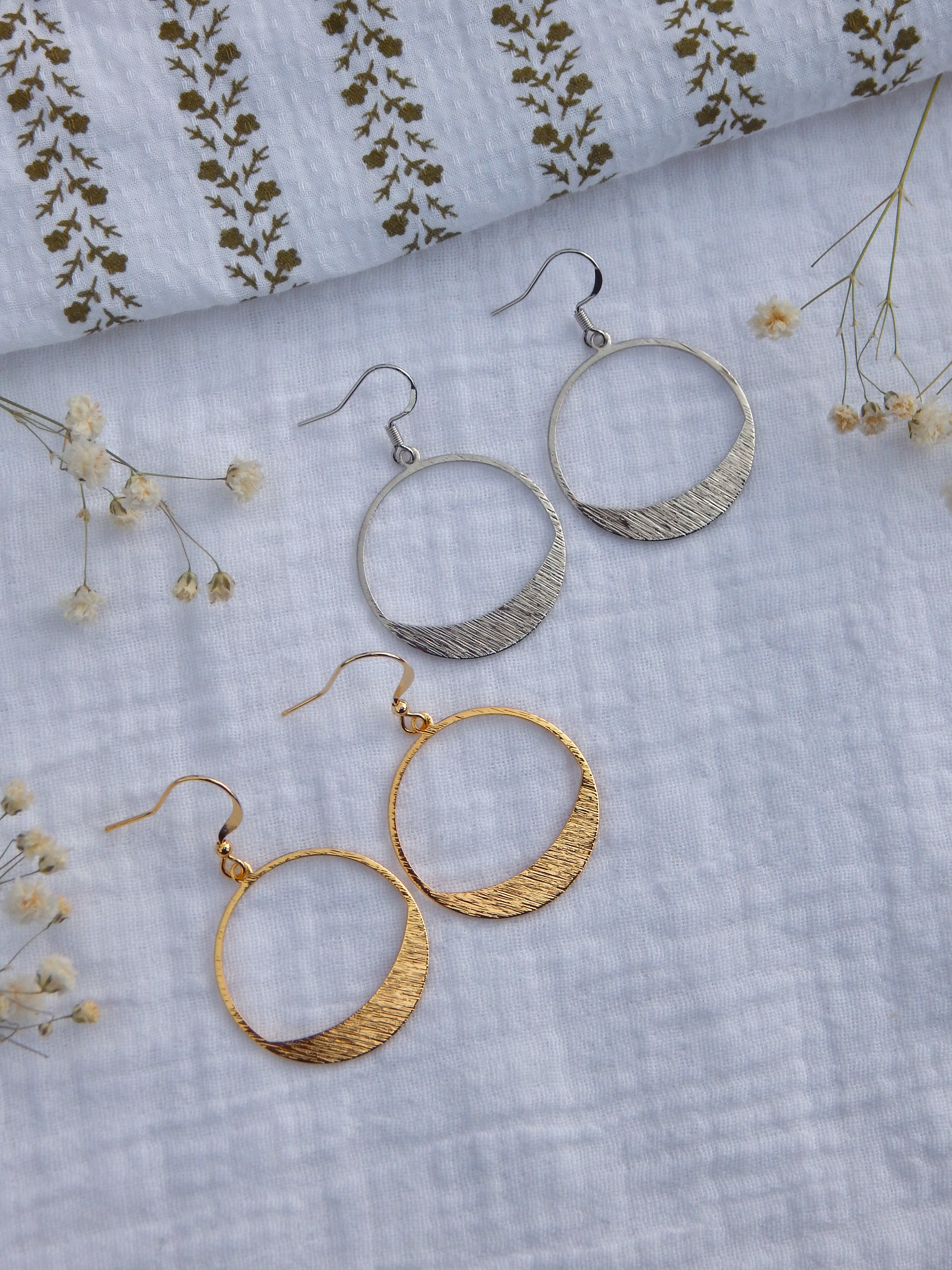 Half Moon Textured Hoop Earrings | Gold or Silver Lightweight Statement Earrings | Hypoallergenic Boho Chic Jewelry