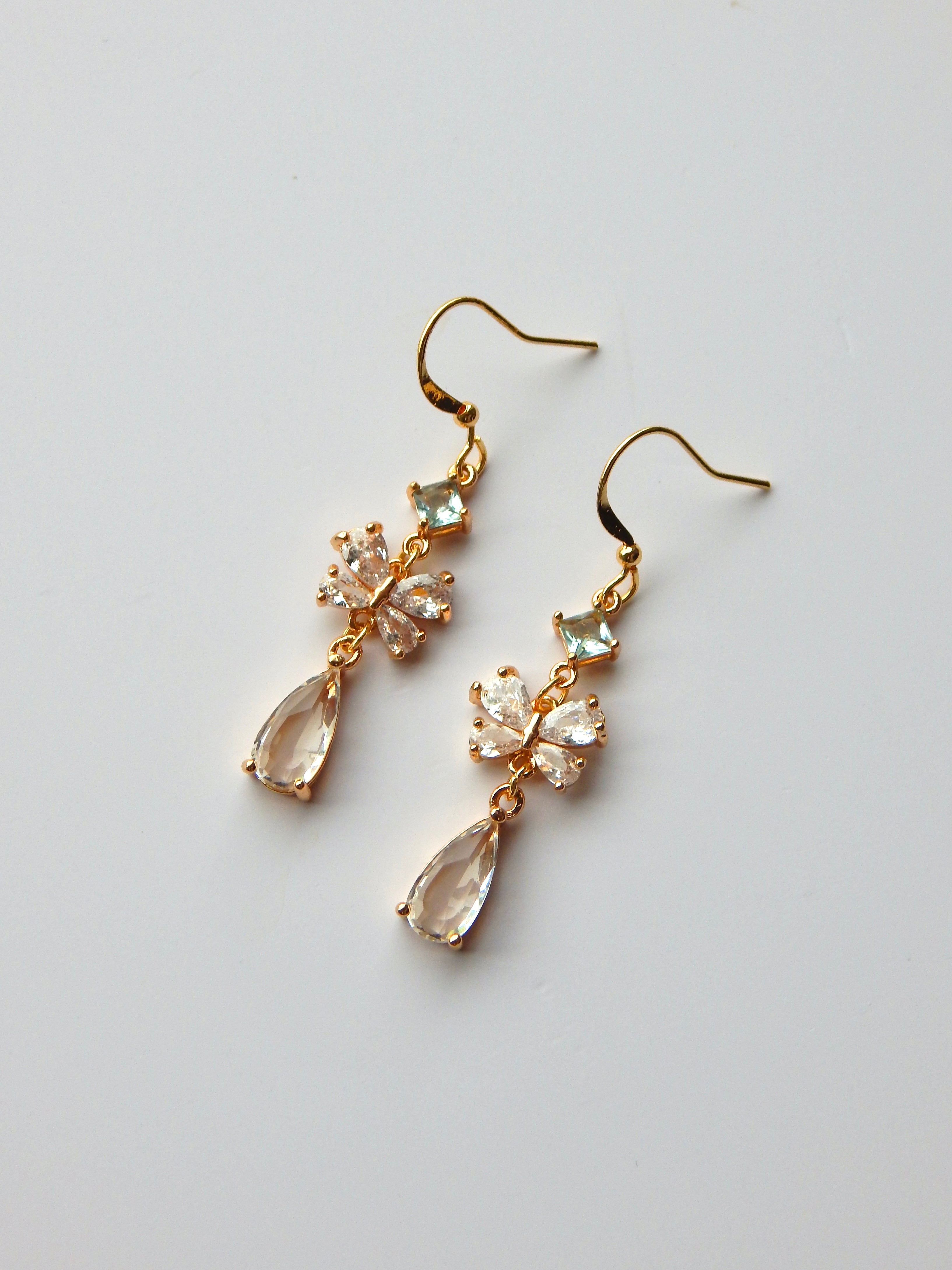 Blue Butterfly Drop Earrings – Light Blue Crystal & Gold Butterfly Dangles
