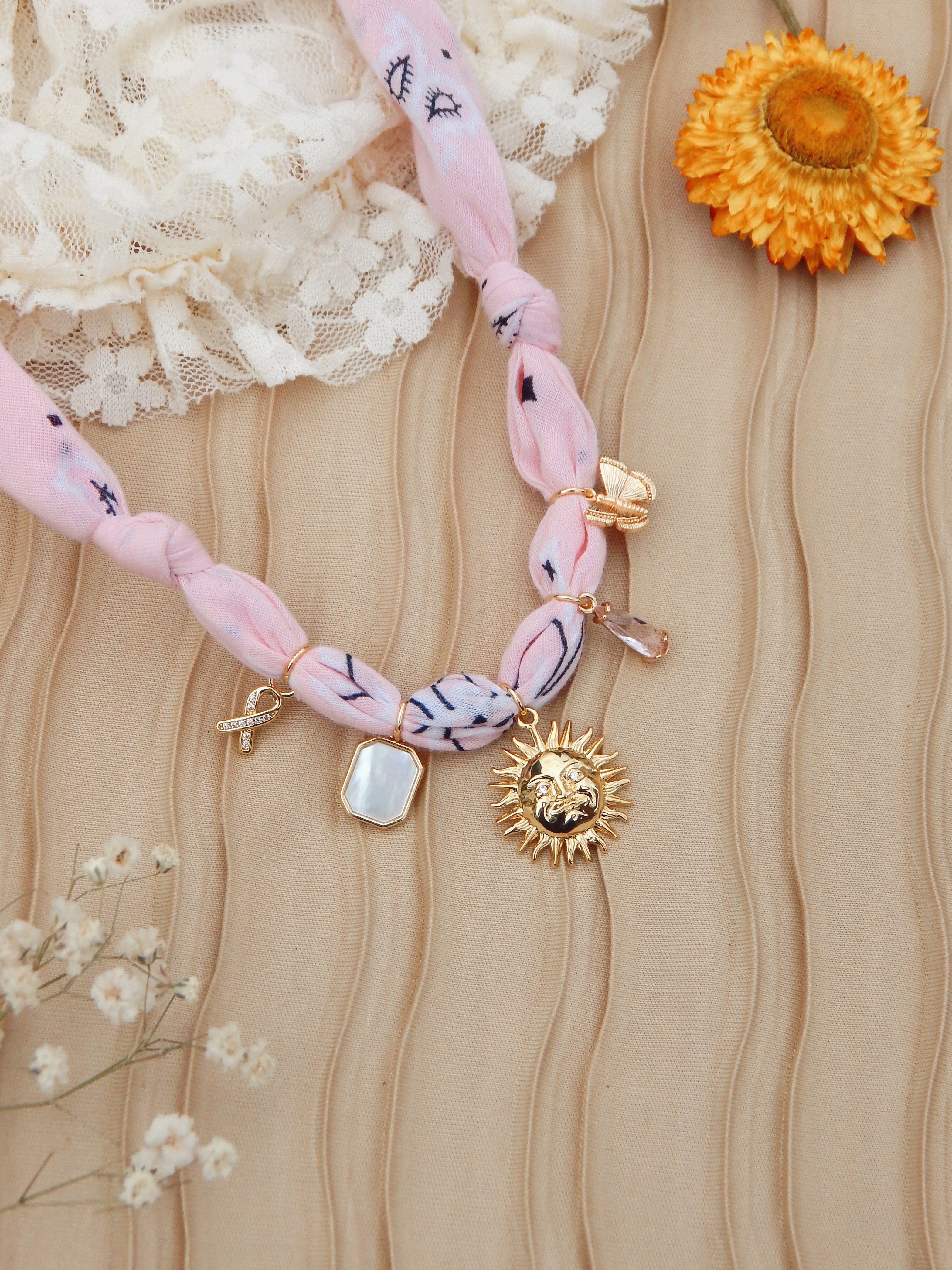 Ray of Hope Bandana Charm Necklace – Adjustable 20” Max | 18k Gold Accents & Mother of Pearl