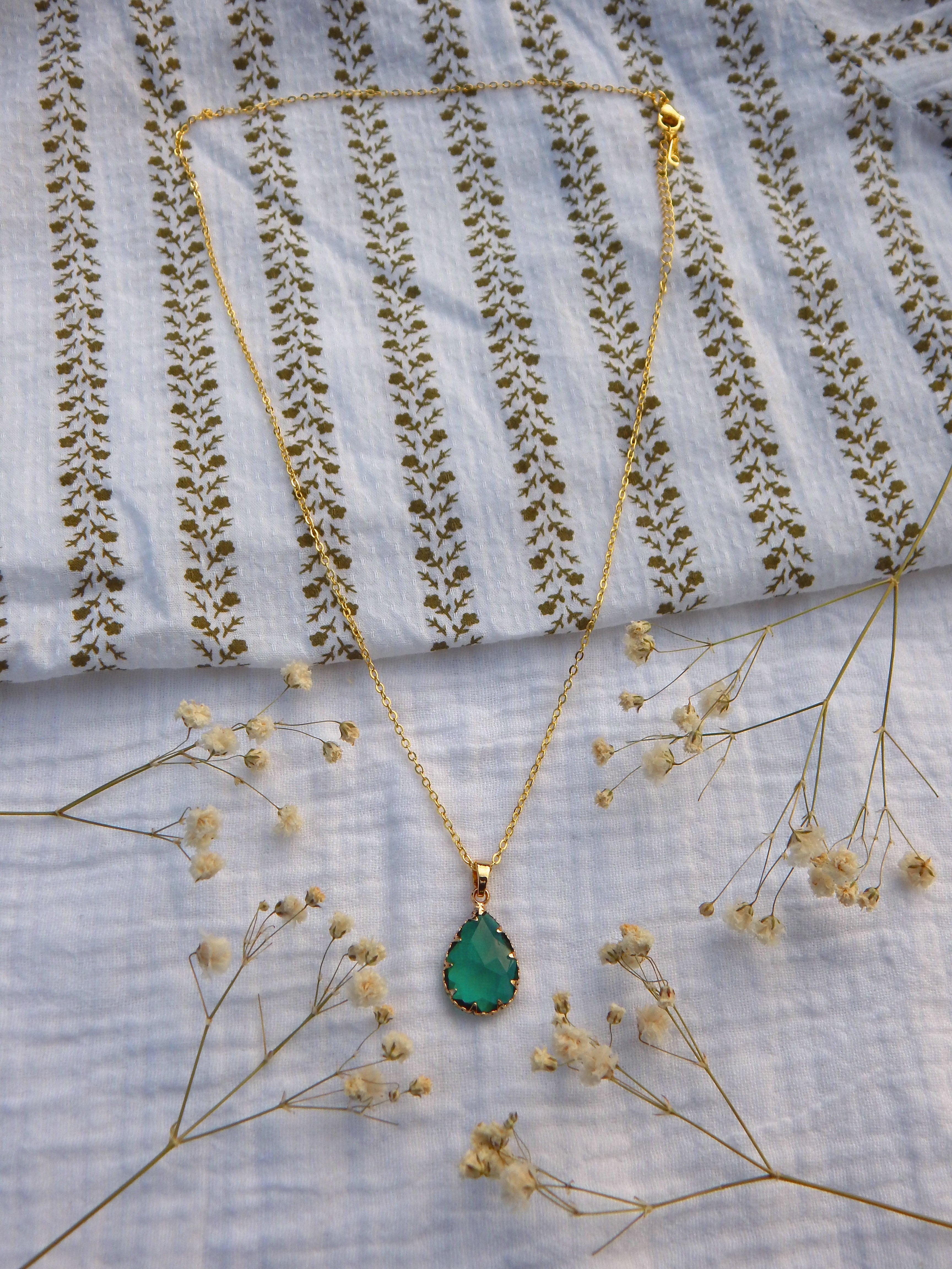 Teal Teardrop Necklace | Hardened Glass Pendant | Dainty Hypoallergenic Jewelry