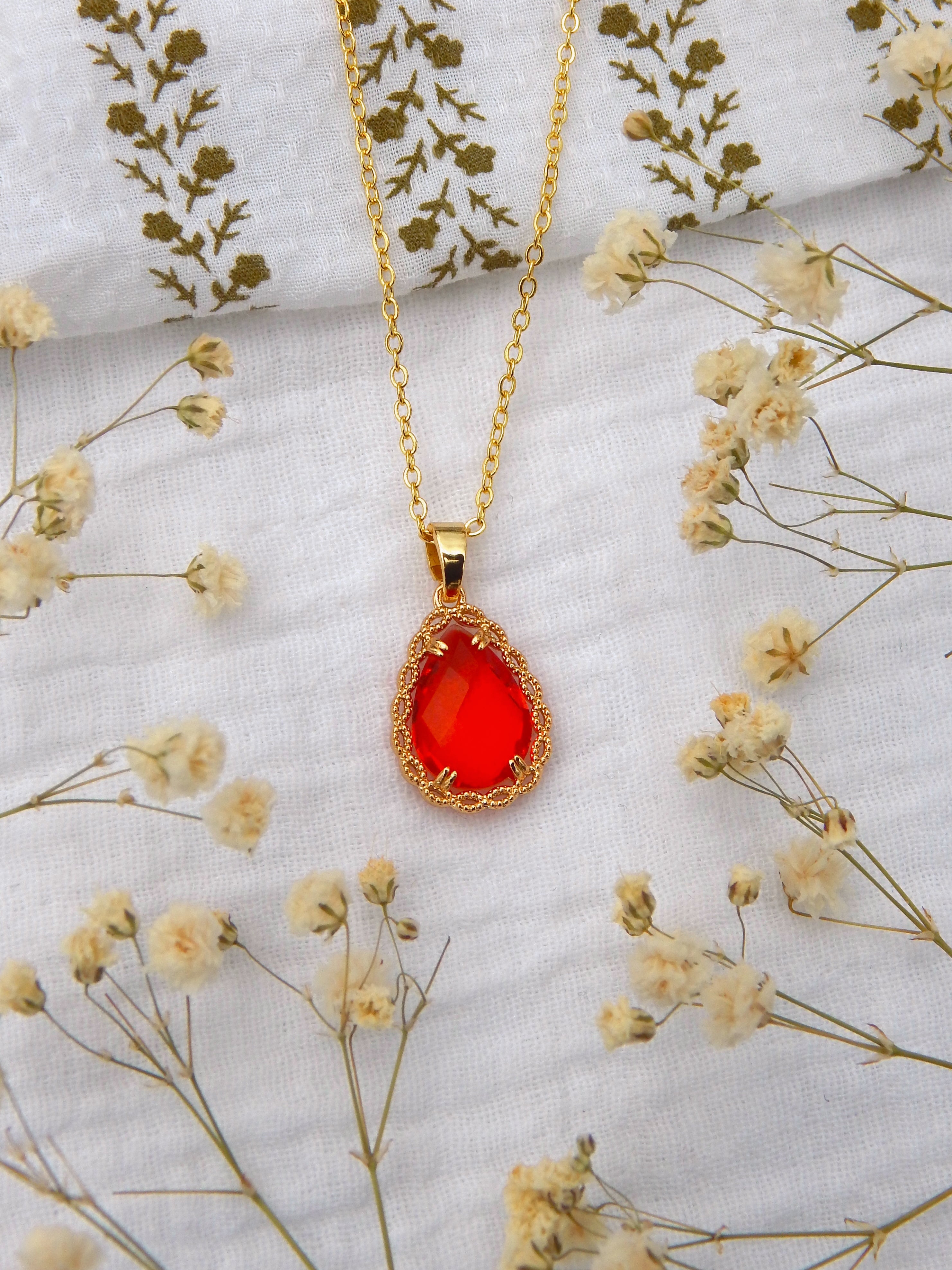 Red Teardrop Pendant Necklace Gold Hardened Glass Jewelry | Hypoallergenic Tarnish Resistant