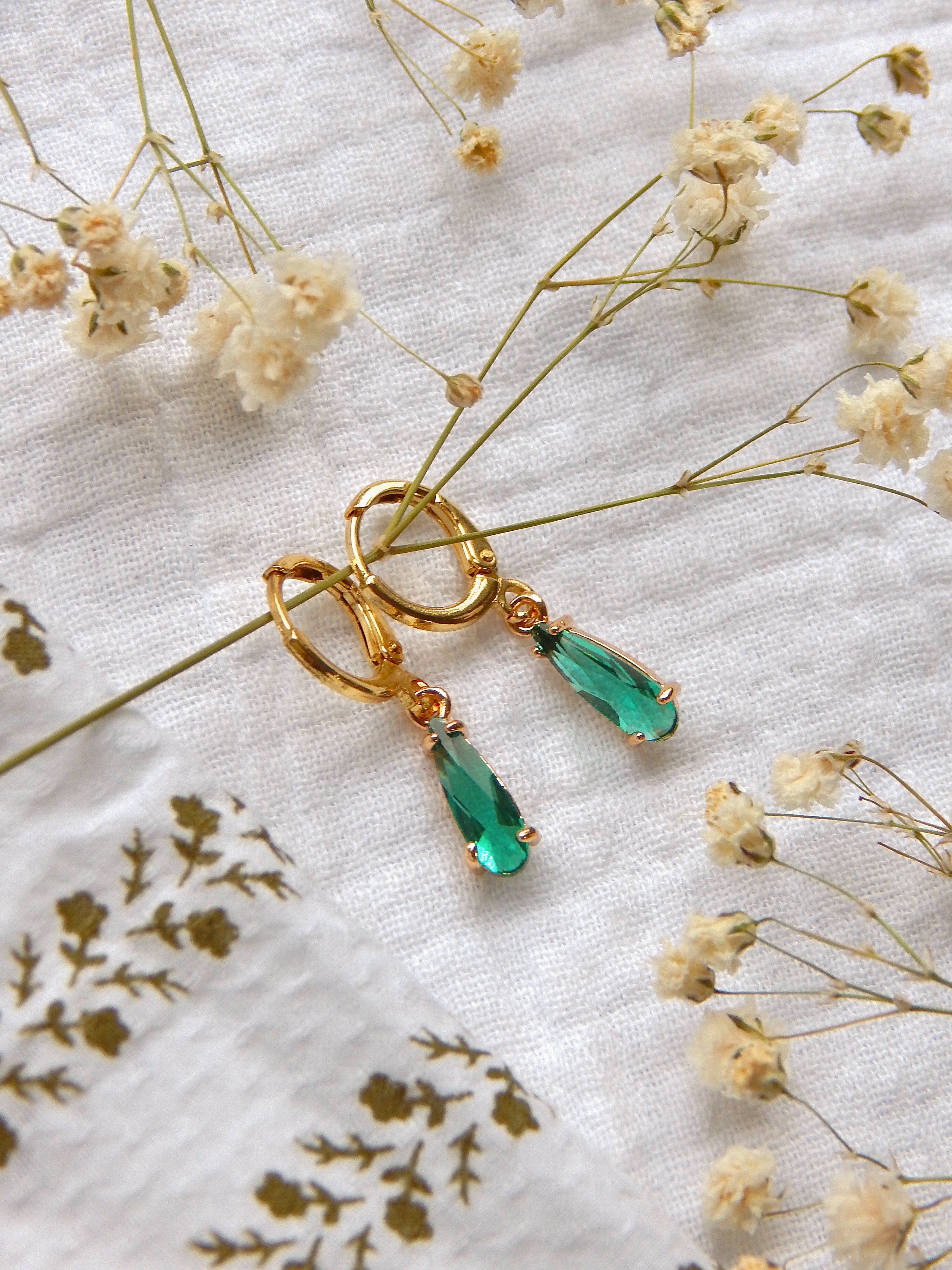 Teal Glass Huggie Earrings – Hardened Glass Drop Hoops | Lightweight Hypoallergenic Gold Jewelry