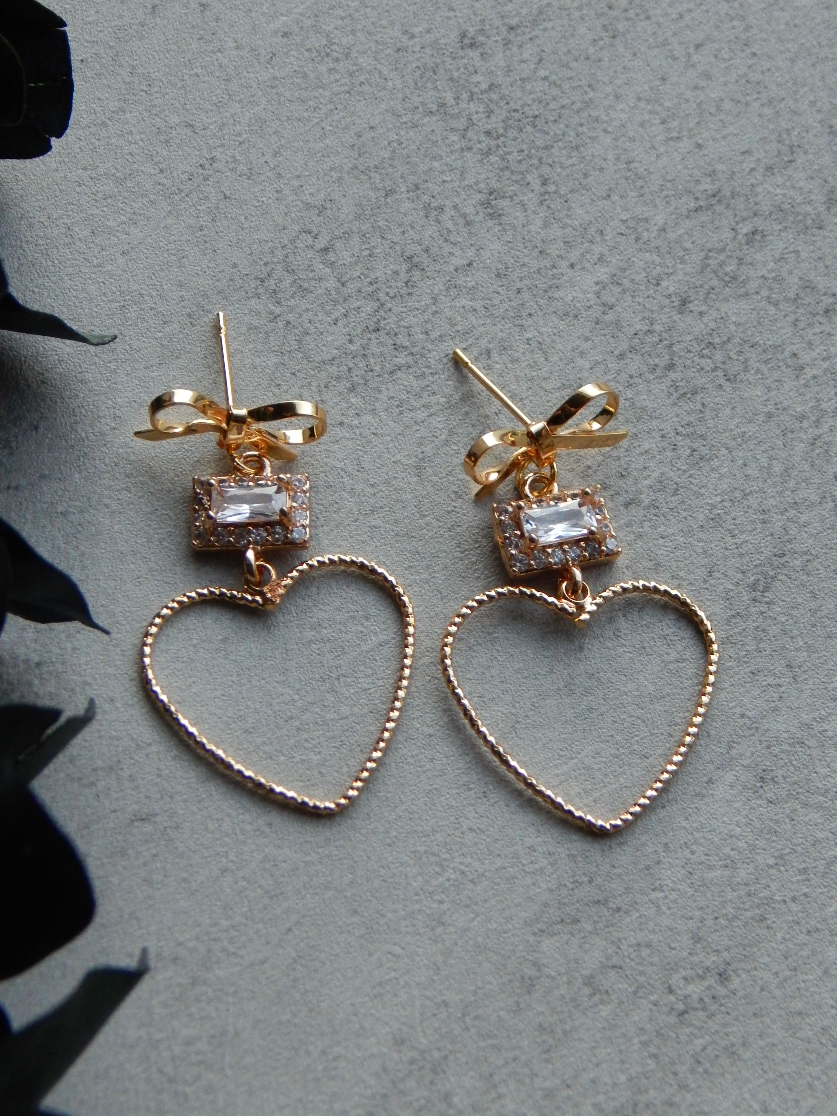 Sparkly Gold Heart Bow Earrings