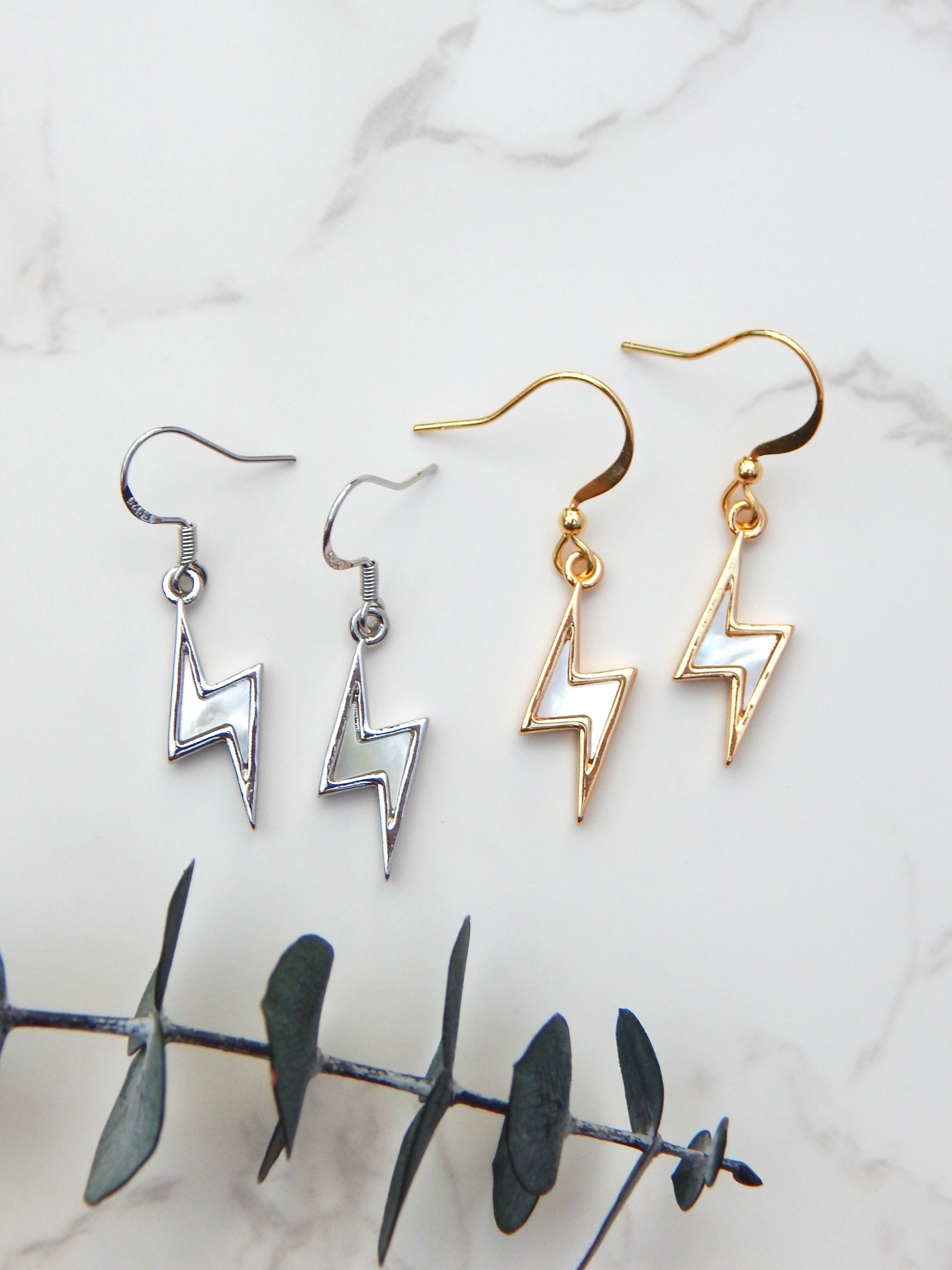 Bolt Earrings – Gold or Silver Lightning Drop Charm Dangles with Mother of Pearl